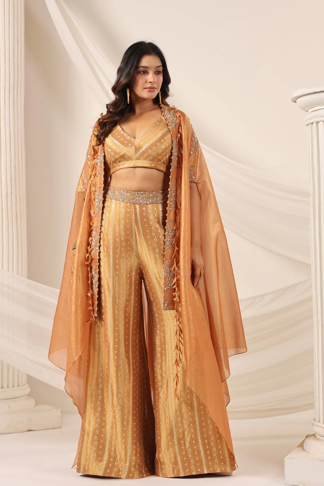 Rustic Orange Banarasi Silk Indo Western Crop Top And Pant With Embellish Cape & Belt - Image 5
