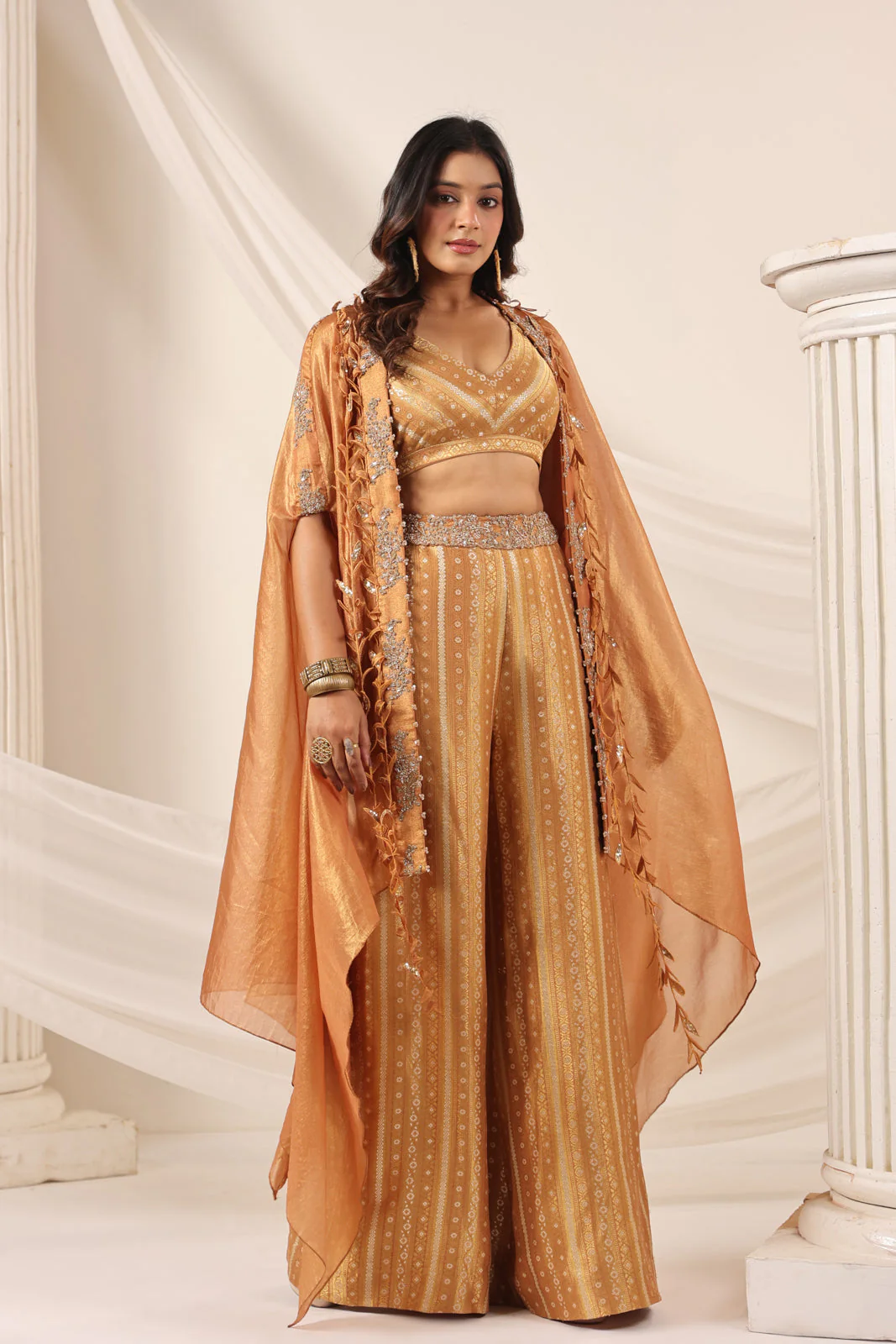Rustic Orange Banarasi Silk Indo Western Crop Top And Pant With Embellish Cape & Belt - Image 6