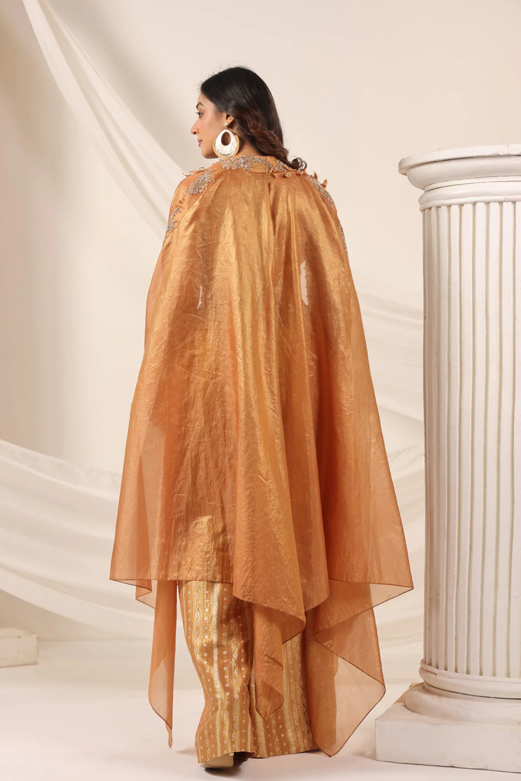 Rustic Orange Banarasi Silk Indo Western Crop Top And Pant With Embellish Cape & Belt - Image 7