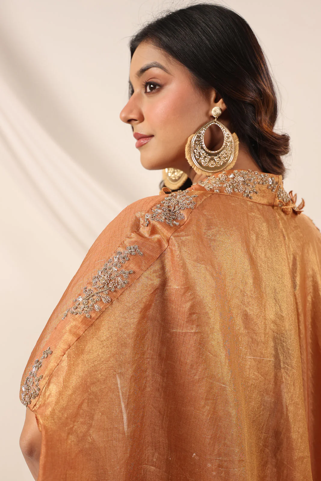 Rustic Orange Banarasi Silk Indo Western Crop Top And Pant With Embellish Cape & Belt - Image 8