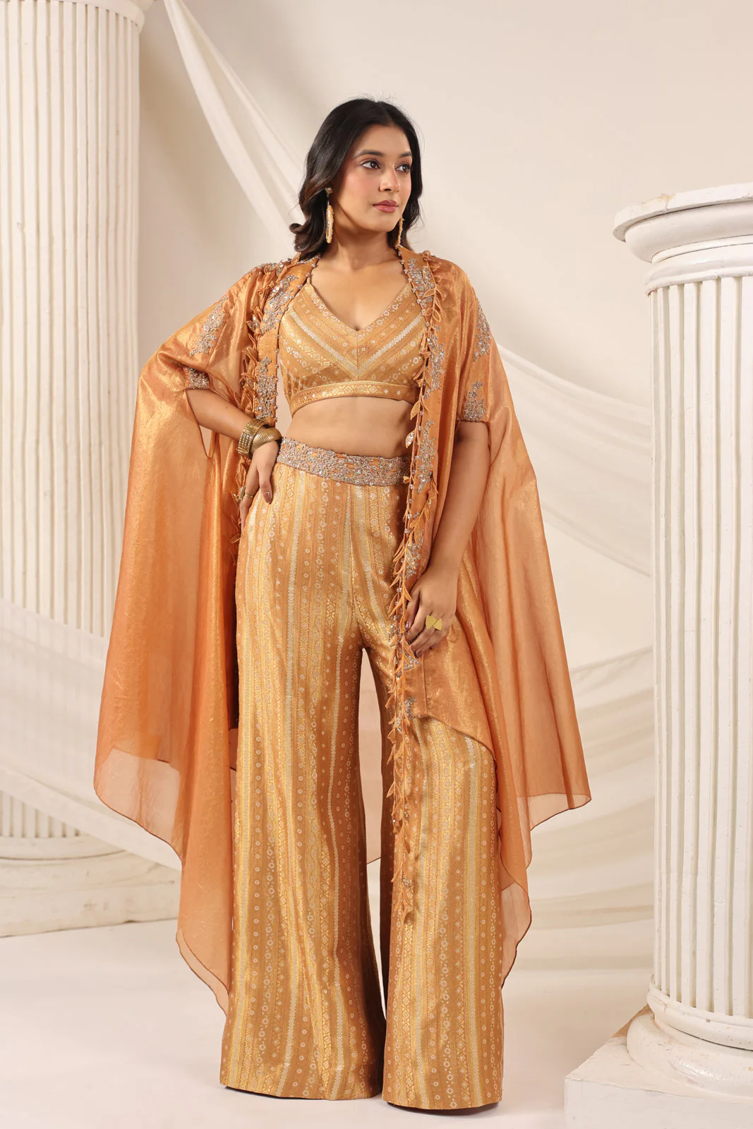 Rustic Orange Banarasi Silk Indo Western Crop Top And Pant With Embellish Cape & Belt - Image 9