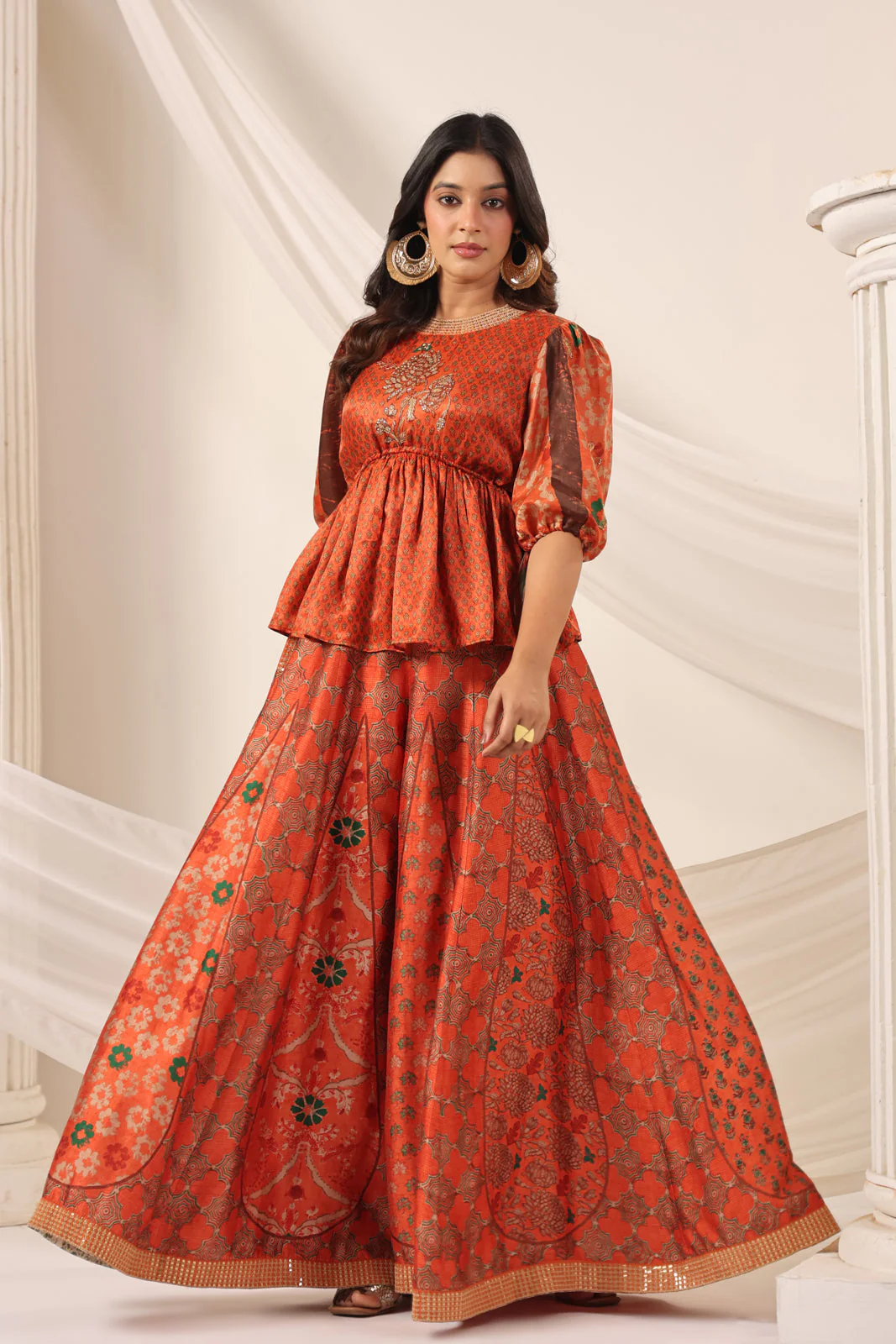 Rustic Orange Festive Peplum Set With Wide Flared Palazzo Pant - Image 10