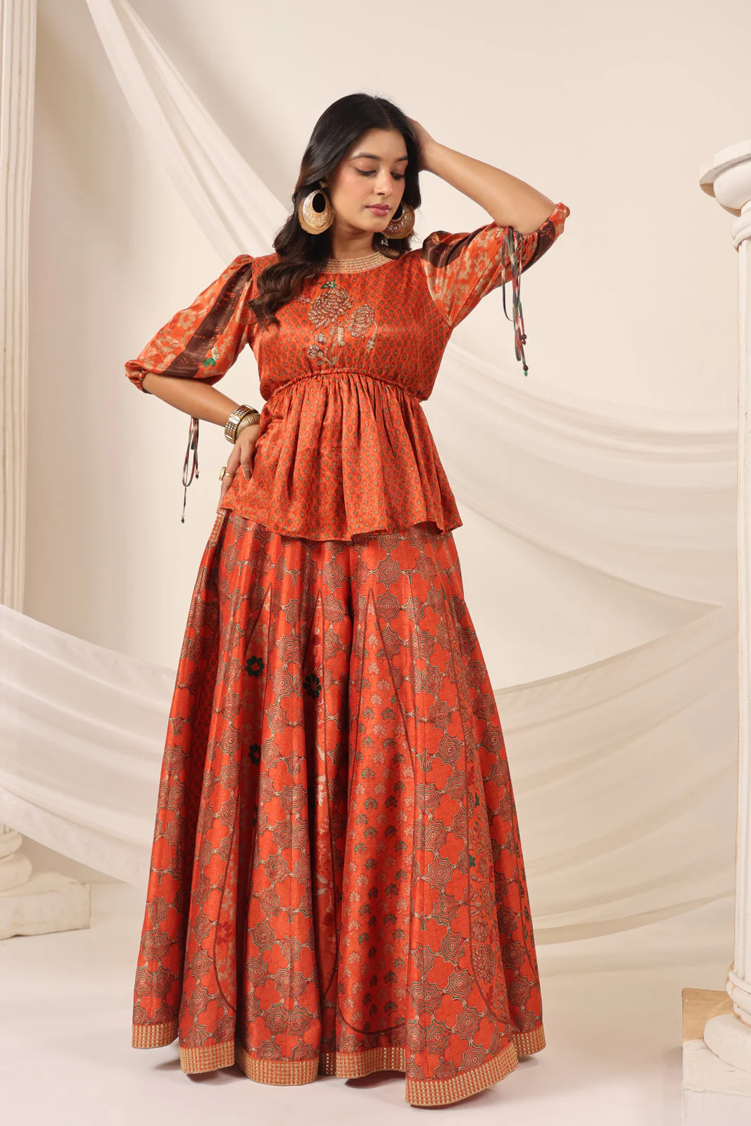 Rustic Orange Festive Peplum Set With Wide Flared Palazzo Pant - Image 11
