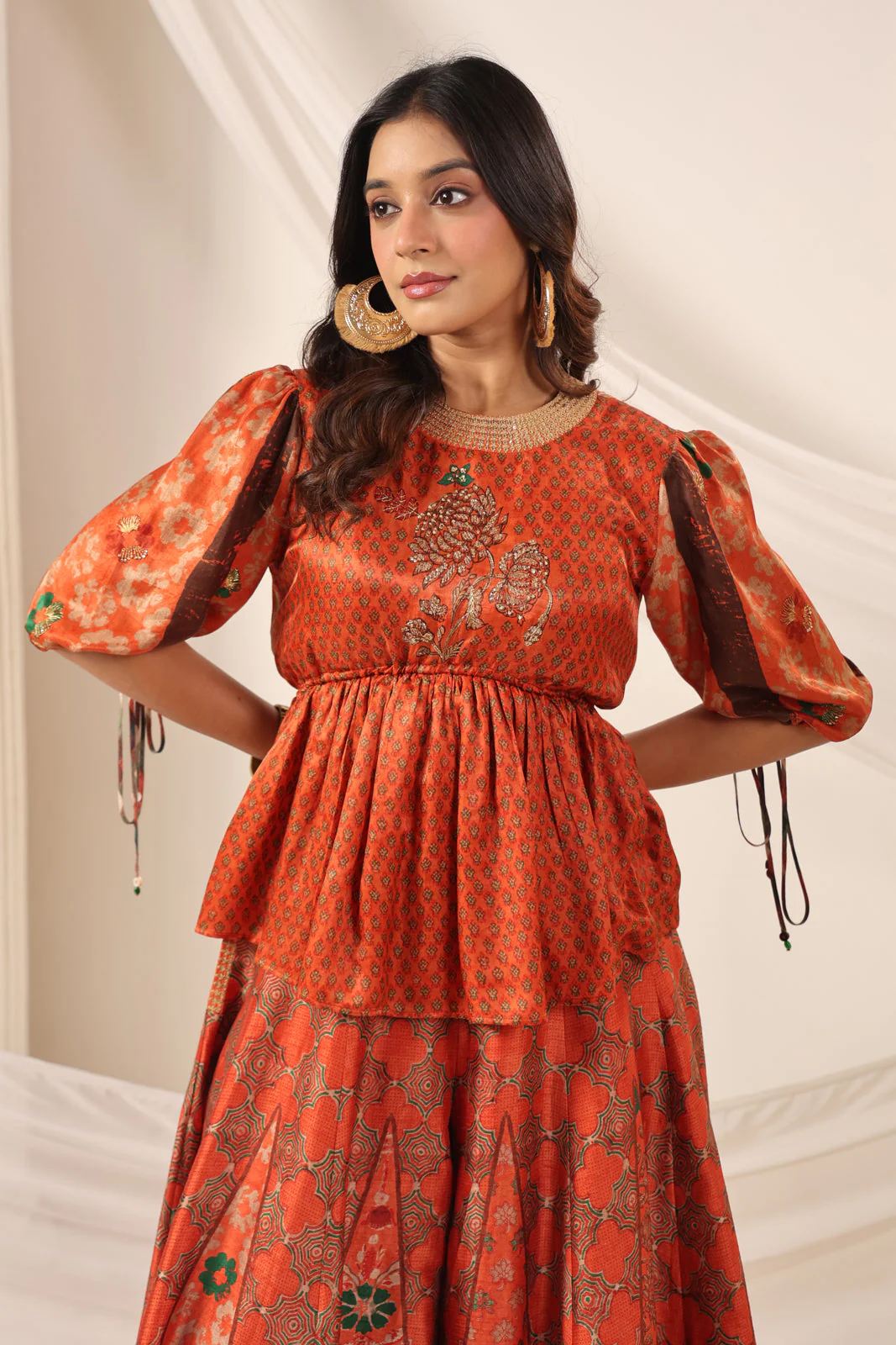 Rustic Orange Festive Peplum Set With Wide Flared Palazzo Pant - Image 12