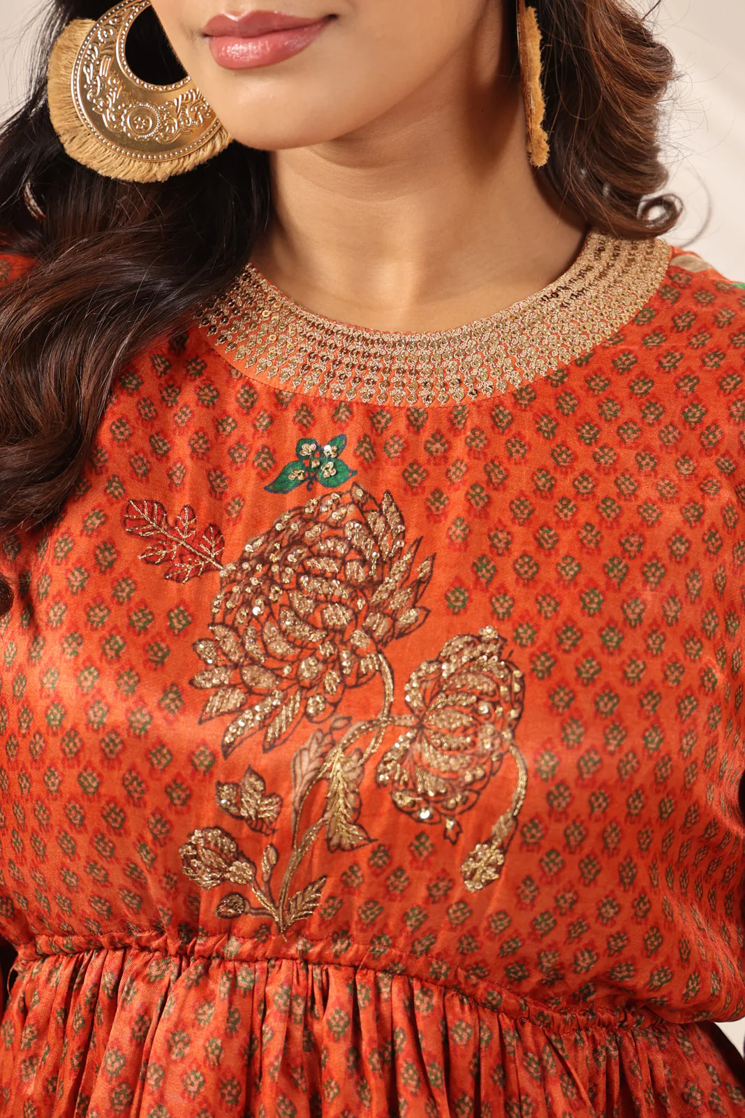 Rustic Orange Festive Peplum Set With Wide Flared Palazzo Pant - Image 13