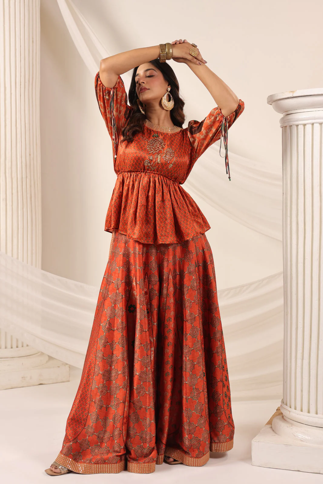Rustic Orange Festive Peplum Set With Wide Flared Palazzo Pant - Image 17