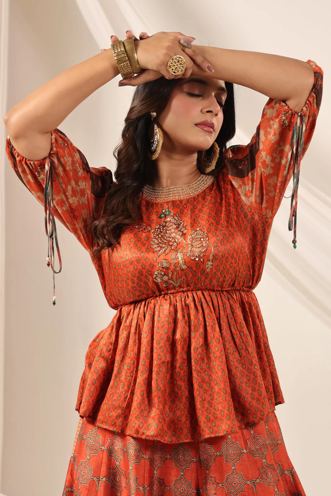 Rustic Orange Festive Peplum Set With Wide Flared Palazzo Pant - Image 18