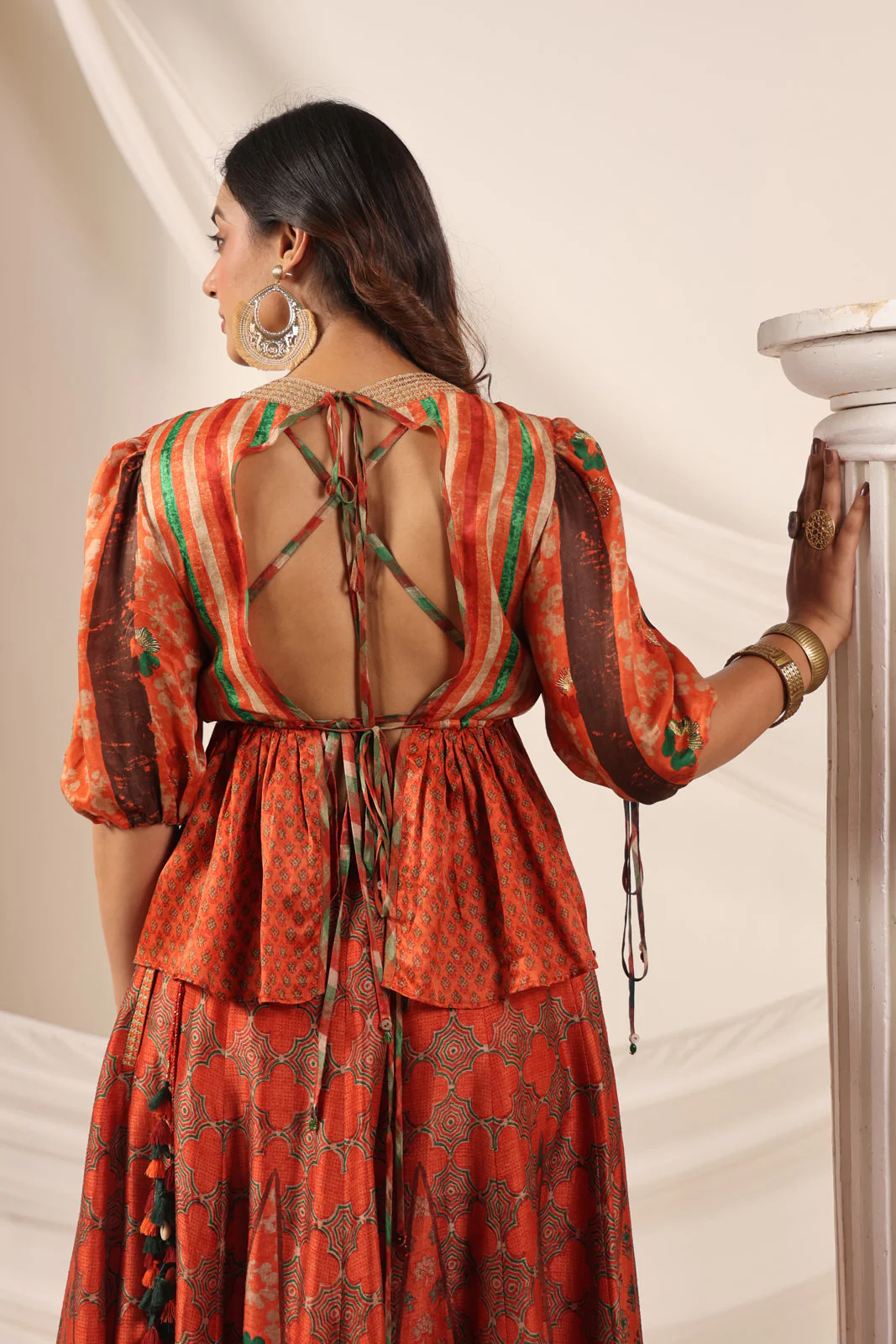 Rustic Orange Festive Peplum Set With Wide Flared Palazzo Pant - Image 3