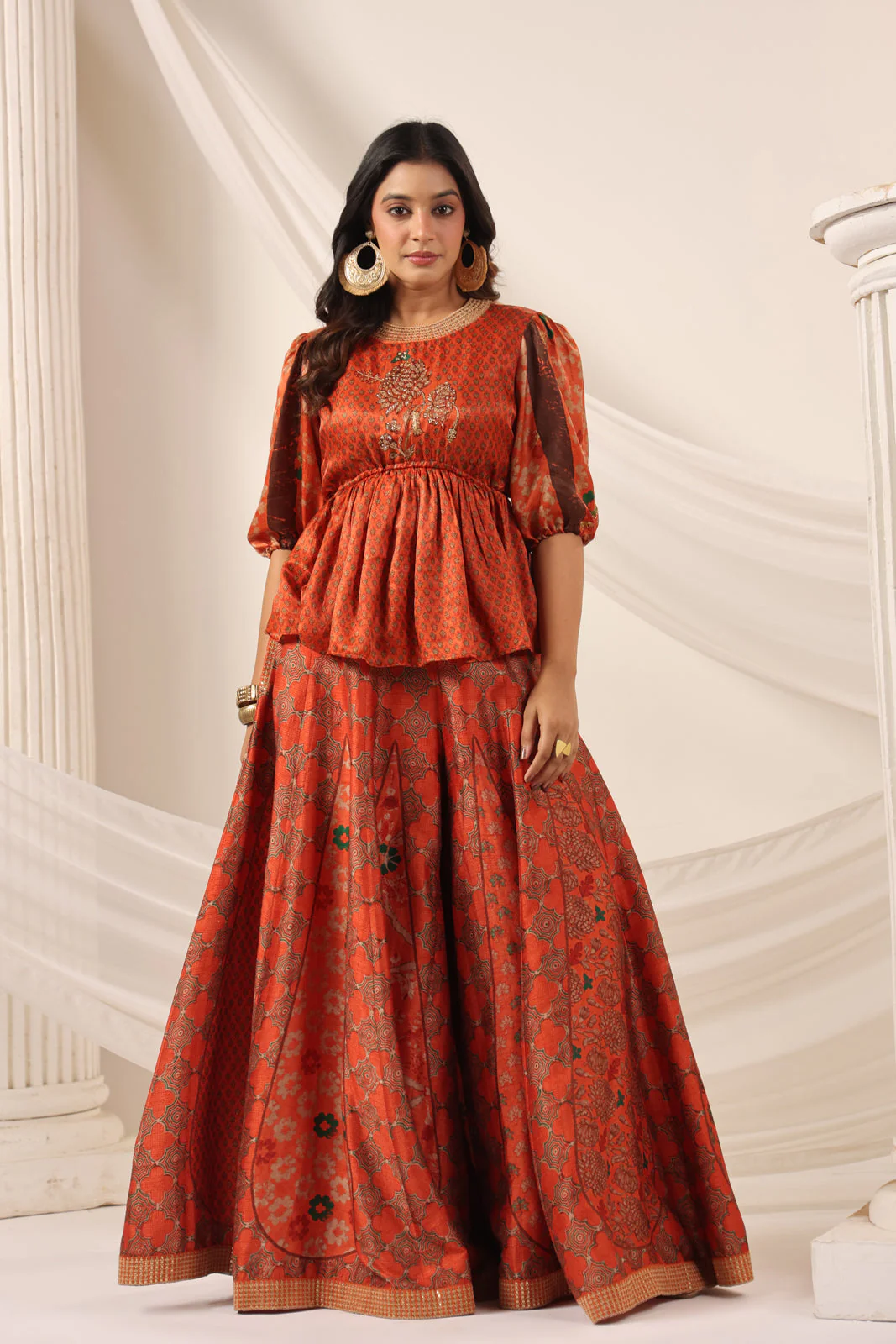 Rustic Orange Festive Peplum Set With Wide Flared Palazzo Pant - Image 4