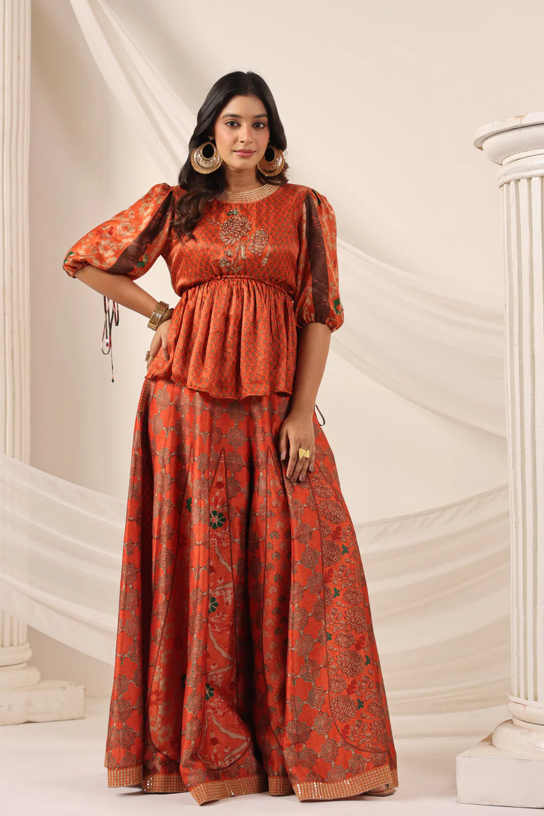Rustic Orange Festive Peplum Set With Wide Flared Palazzo Pant - Image 5