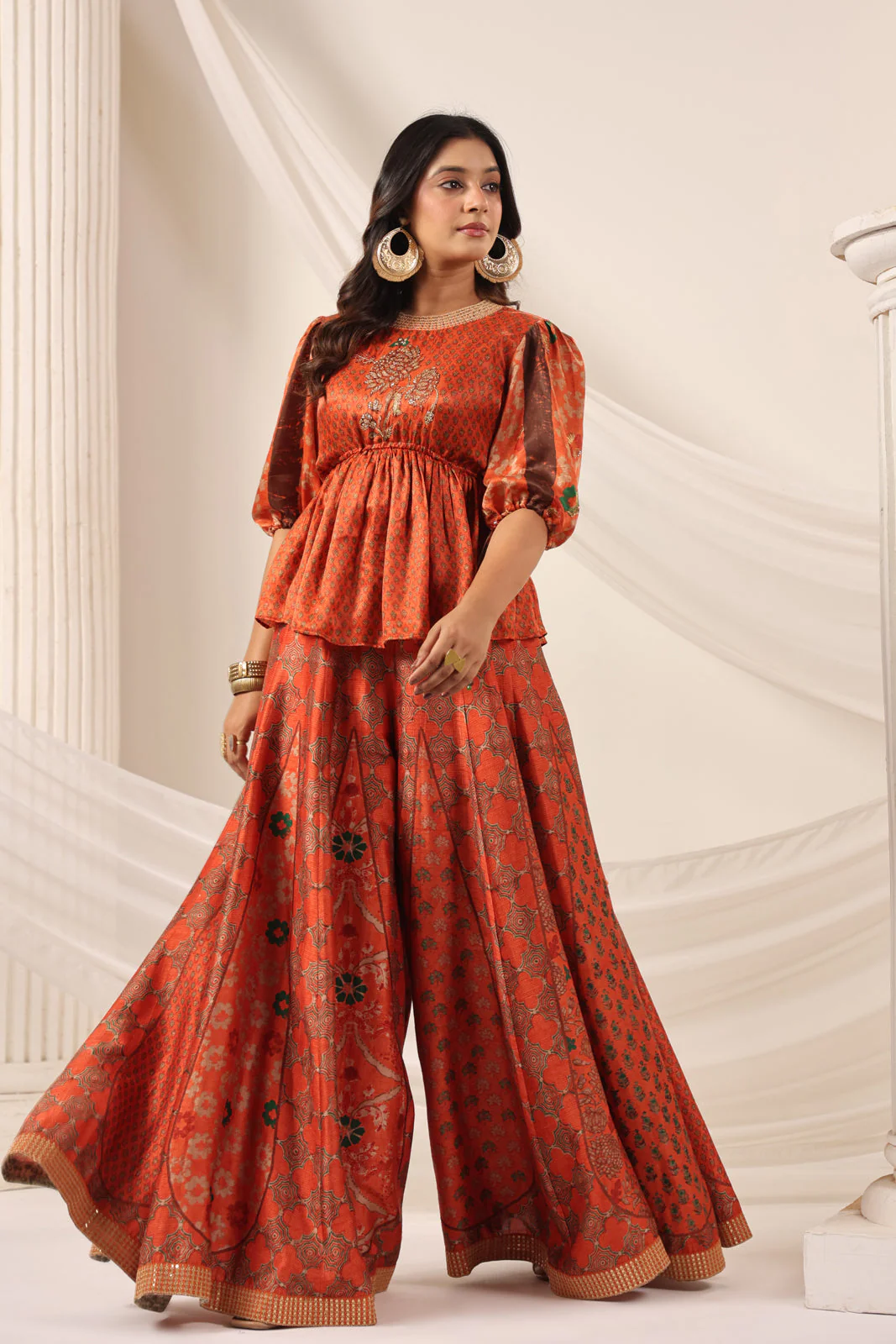 Rustic Orange Festive Peplum Set With Wide Flared Palazzo Pant - Image 6