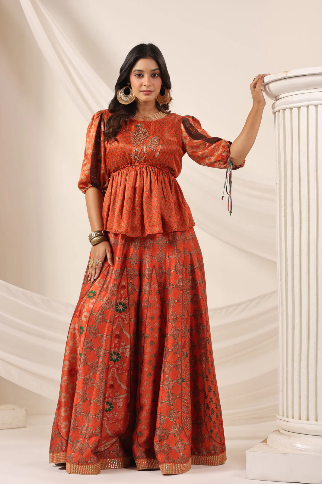 Rustic Orange Festive Peplum Set With Wide Flared Palazzo Pant - Image 7