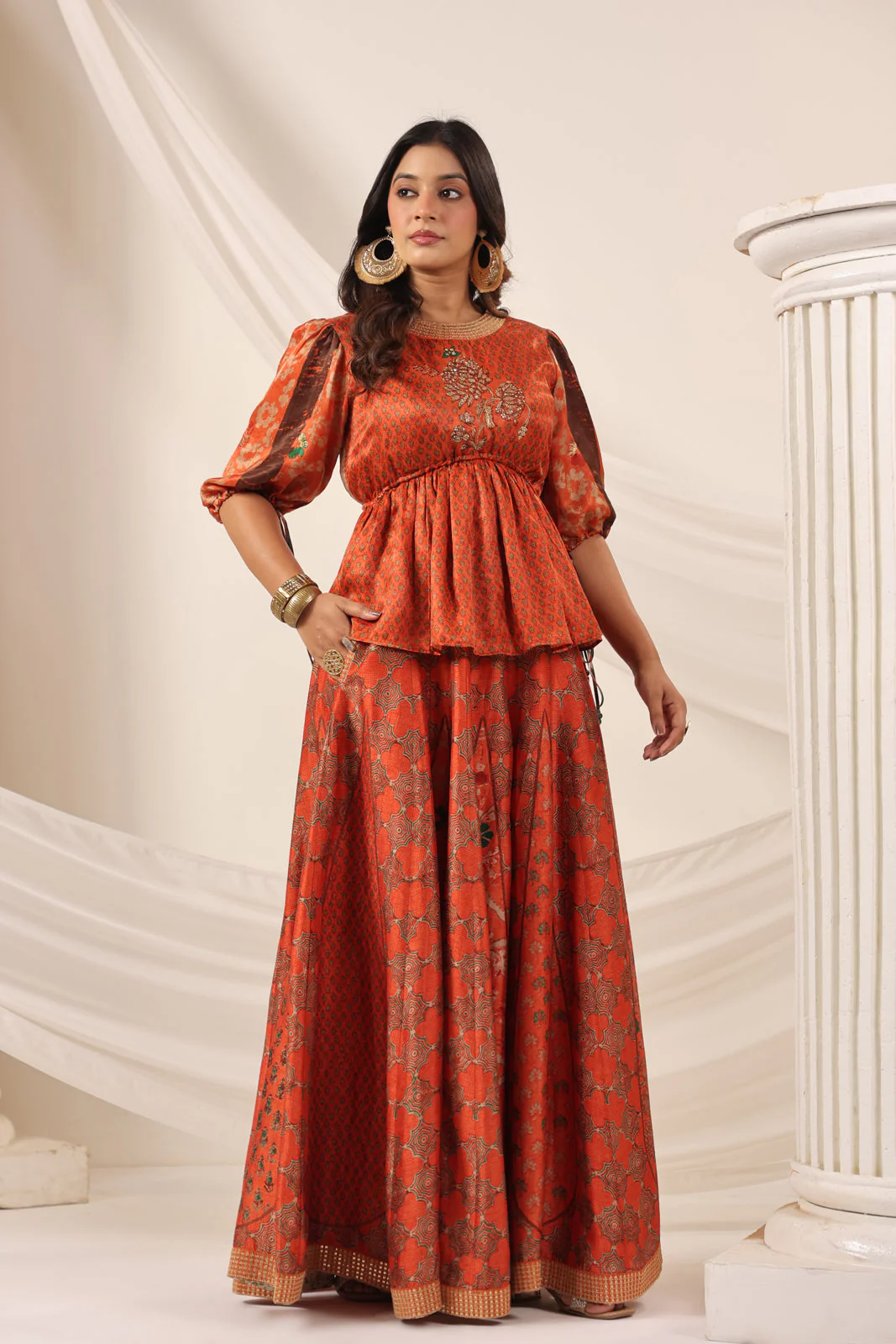 Rustic Orange Festive Peplum Set With Wide Flared Palazzo Pant - Image 8