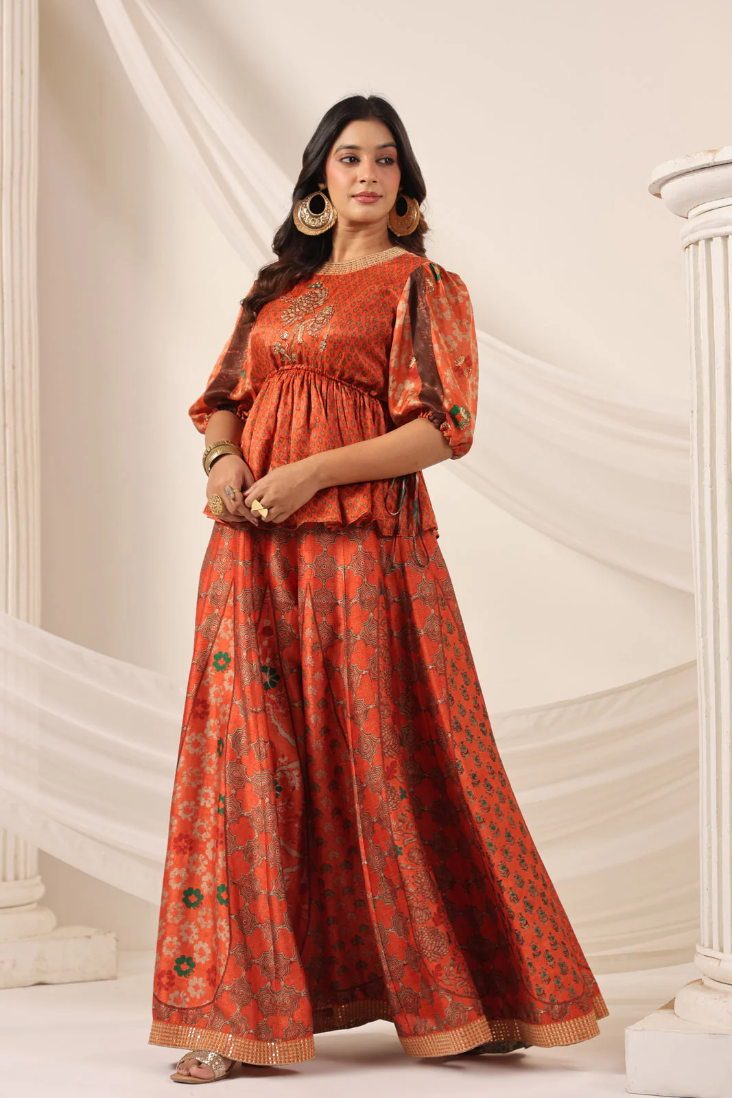 Rustic Orange Festive Peplum Set With Wide Flared Palazzo Pant - Image 9