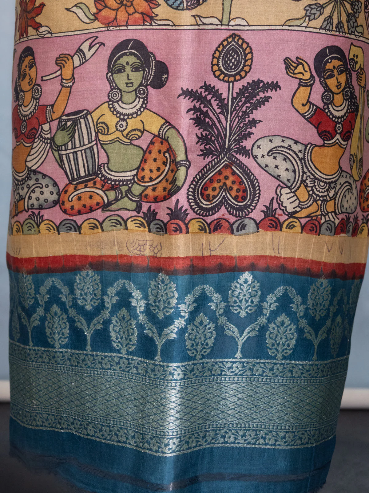 Sandal & Peacock Blue Pure Tussar Unstitched Suit - Image 3