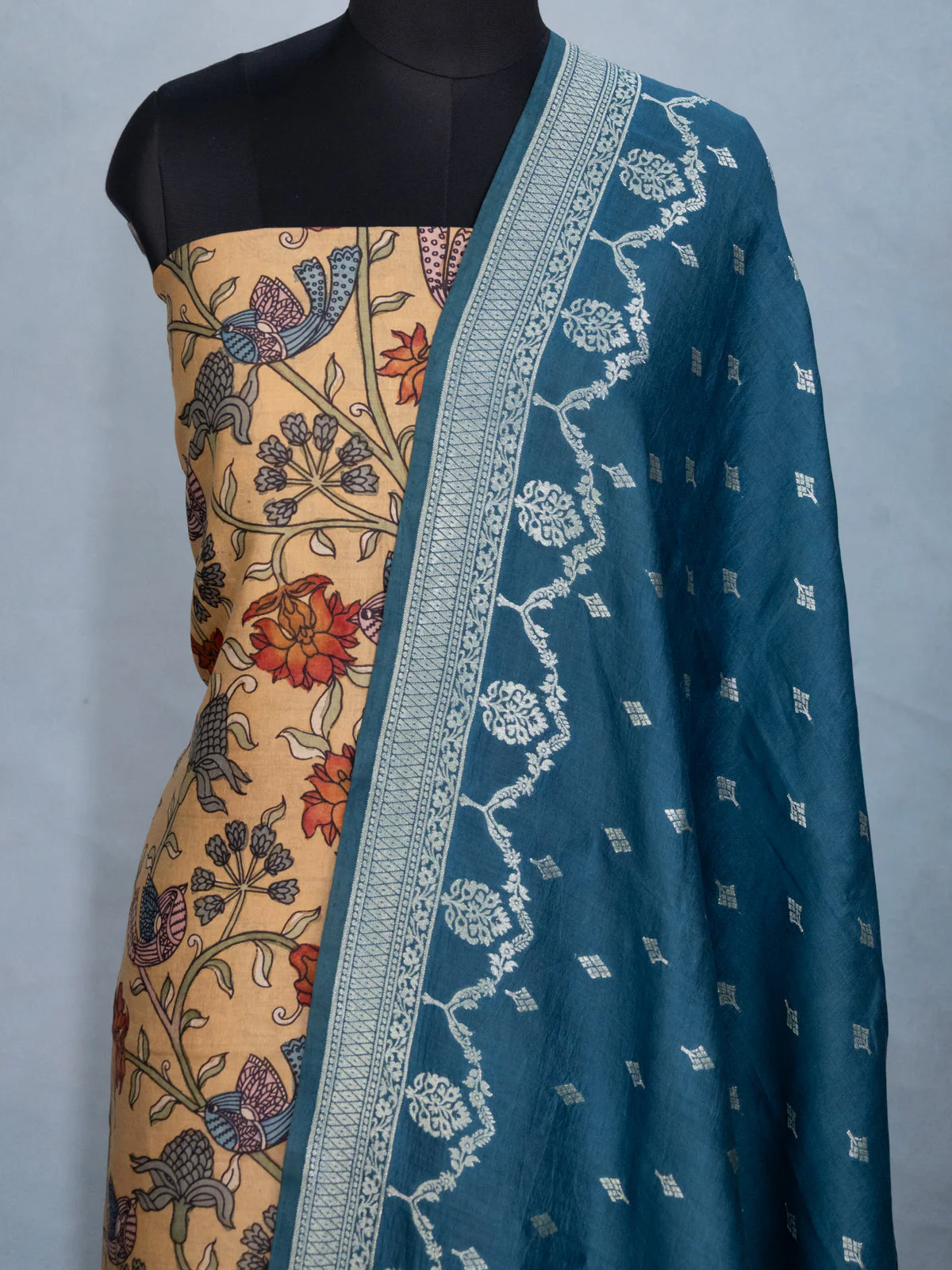 Sandal & Peacock Blue Pure Tussar Unstitched Suit - Image 4