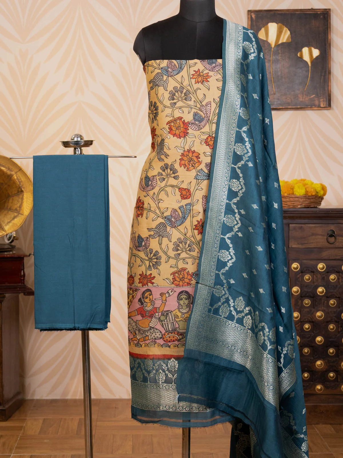 Sandal & Peacock Blue Pure Tussar Unstitched Suit - Image 5