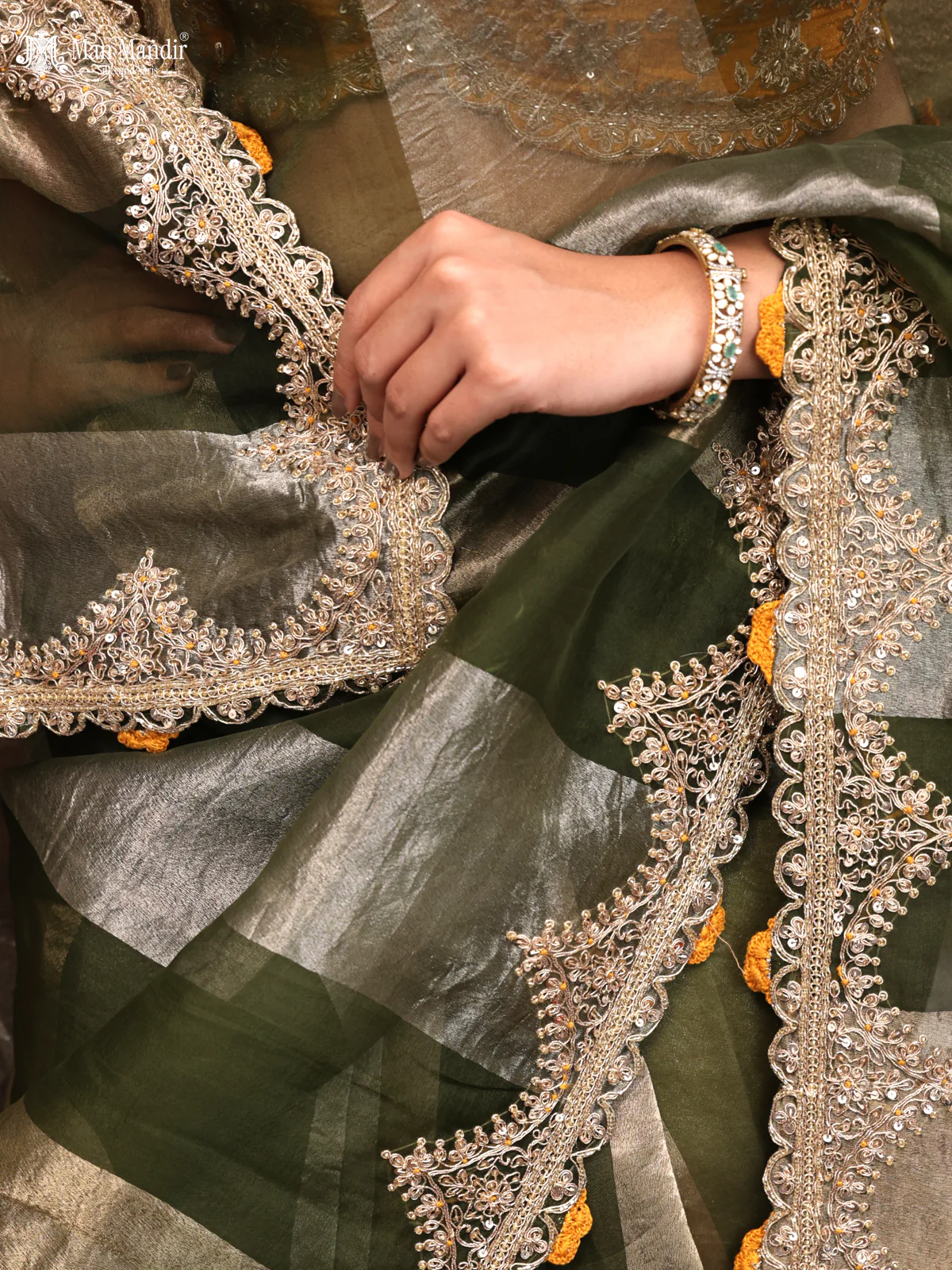 Sap Green Pure Organza Silk Saree With Embroidery Readymade Blouse - Image 3
