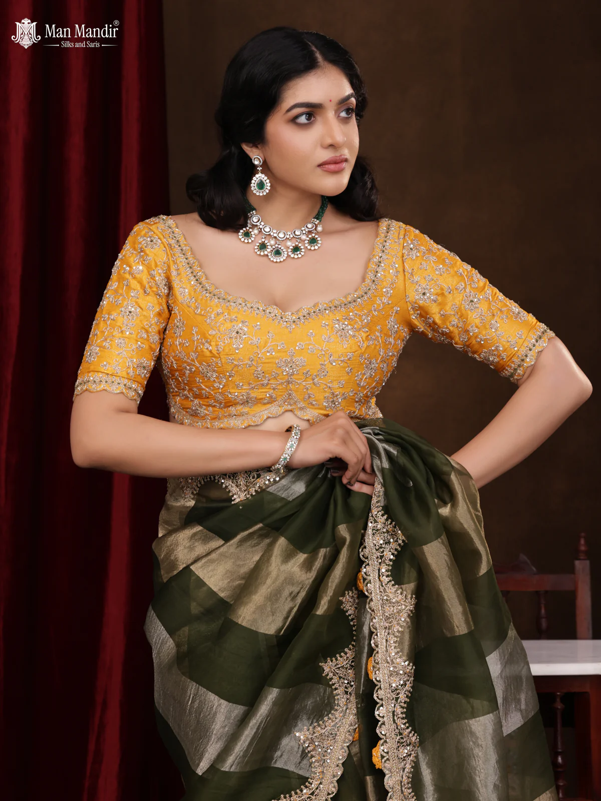 Sap Green Pure Organza Silk Saree With Embroidery Readymade Blouse - Image 4
