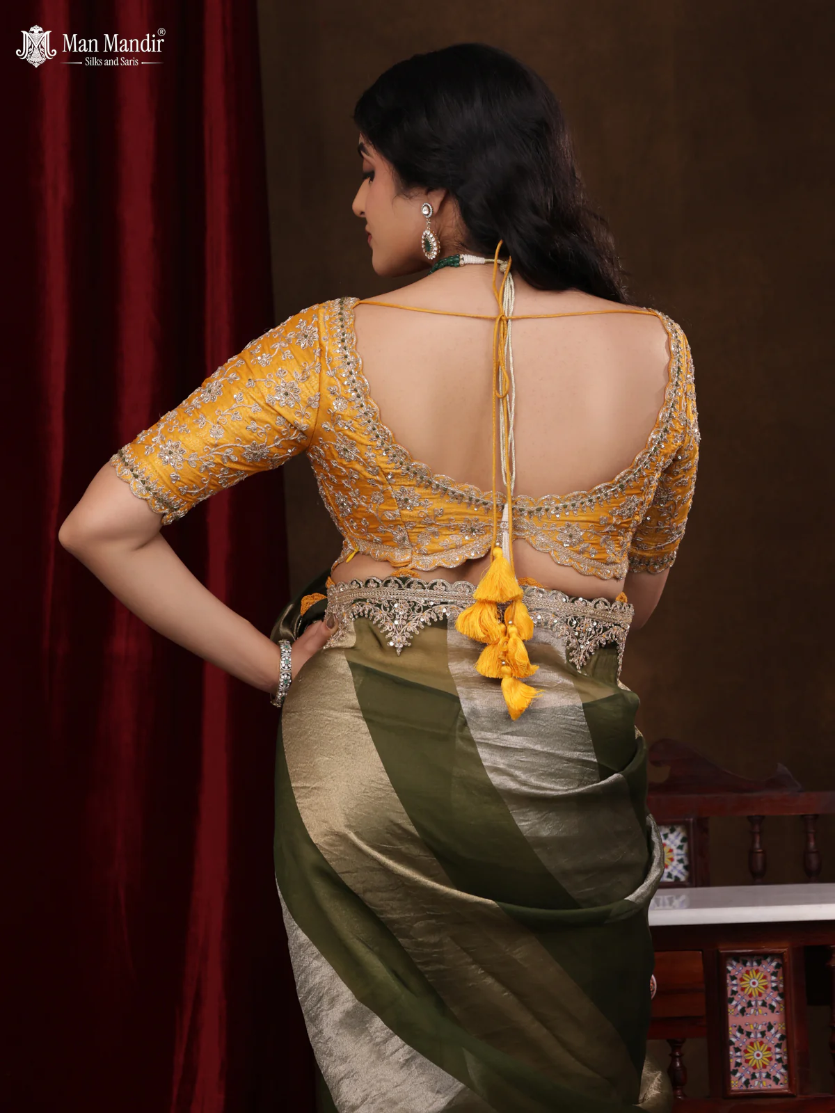 Sap Green Pure Organza Silk Saree With Embroidery Readymade Blouse - Image 5