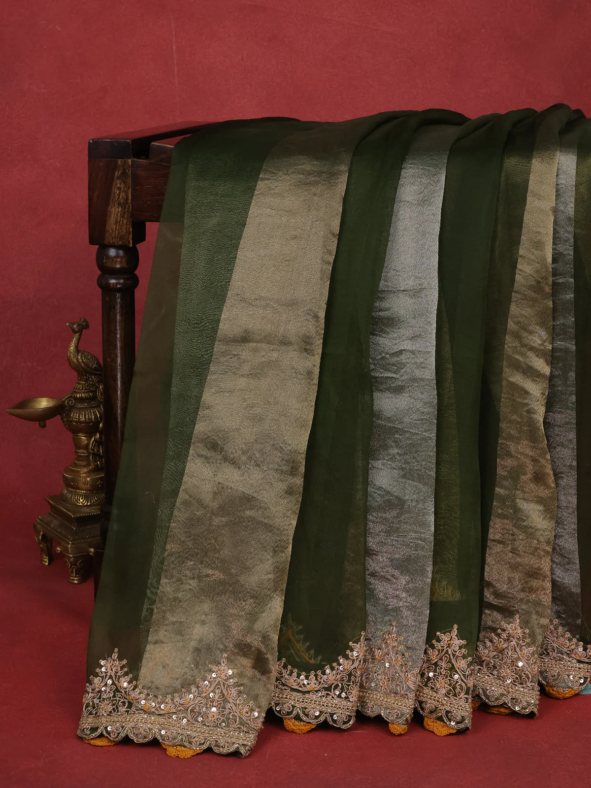 Sap Green Pure Organza Silk Saree With Embroidery Readymade Blouse - Image 6