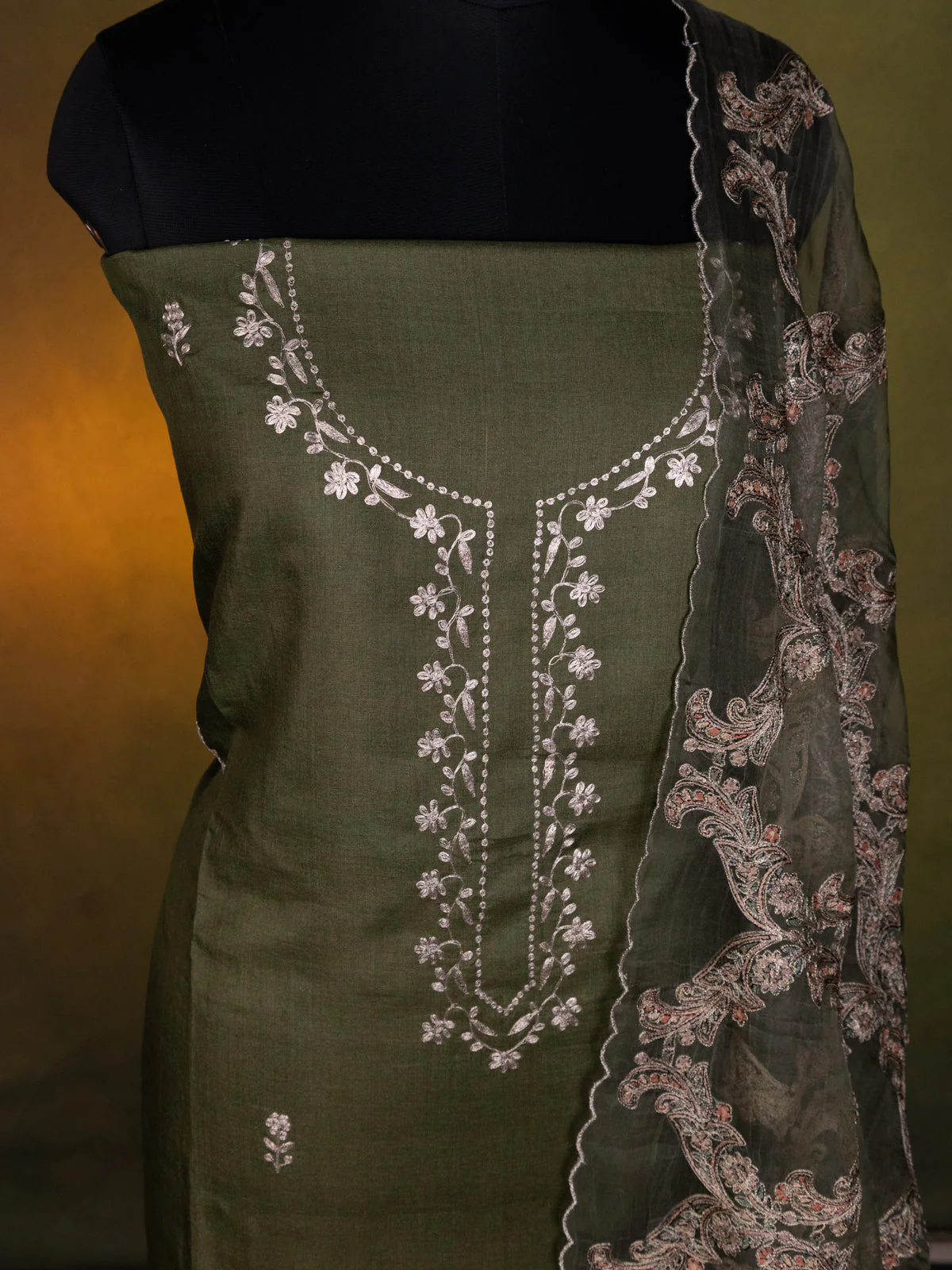 Sap Green Tussar Unstitched Suit - Image 3