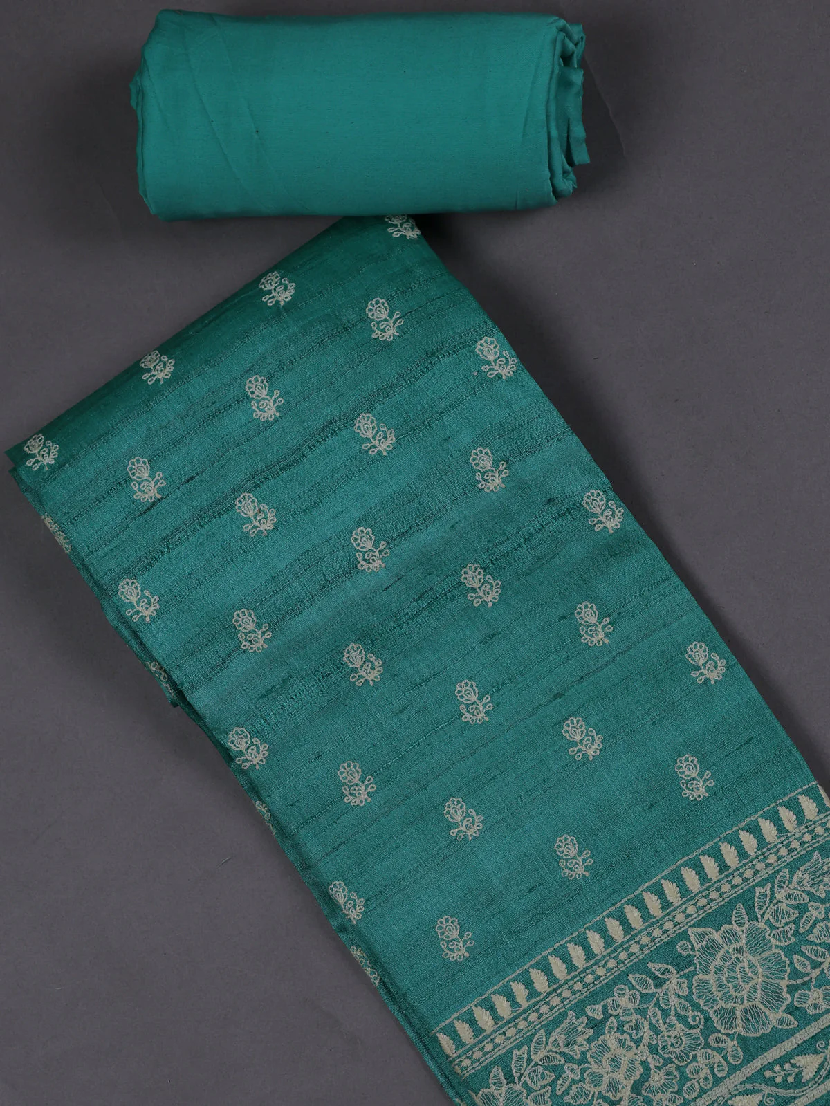 Sea Green Tussar Silk Unstitched Suit - Image 2