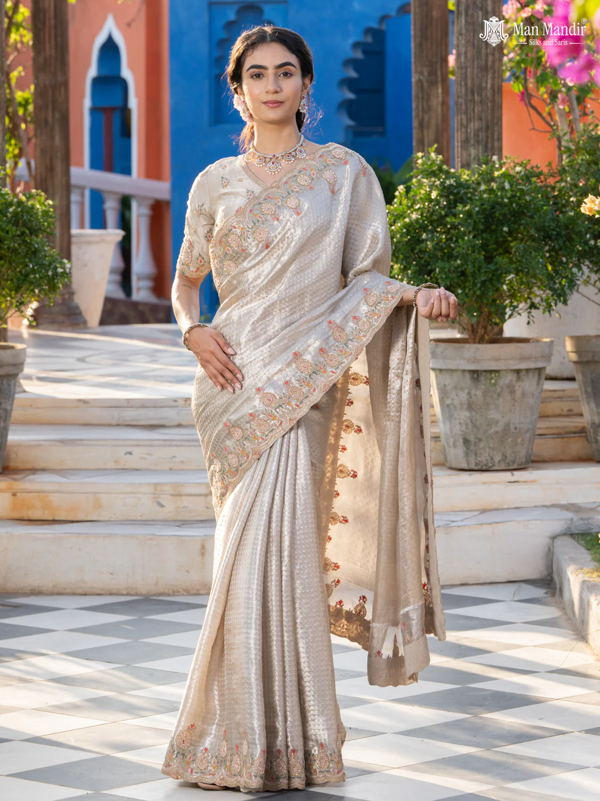 Silver Banarasi Tissue Saree With Embroidery Readymade Blouse - Image 3