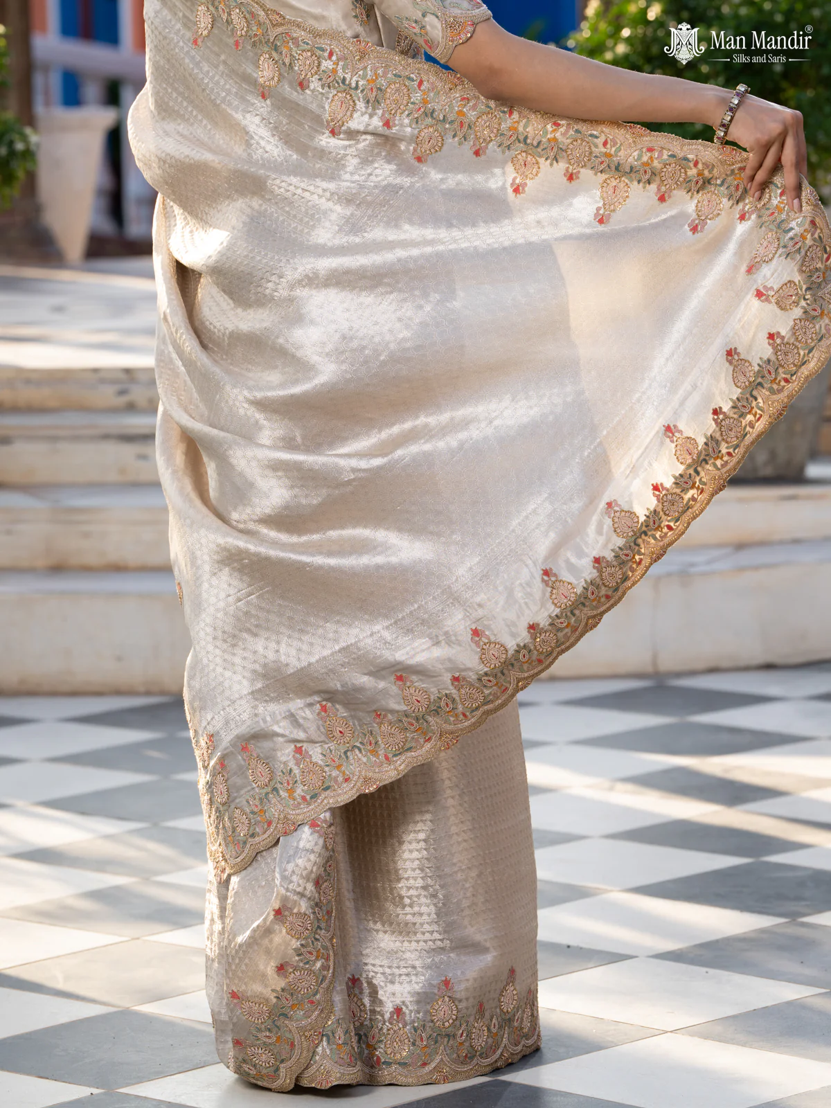 Silver Banarasi Tissue Saree With Embroidery Readymade Blouse - Image 4