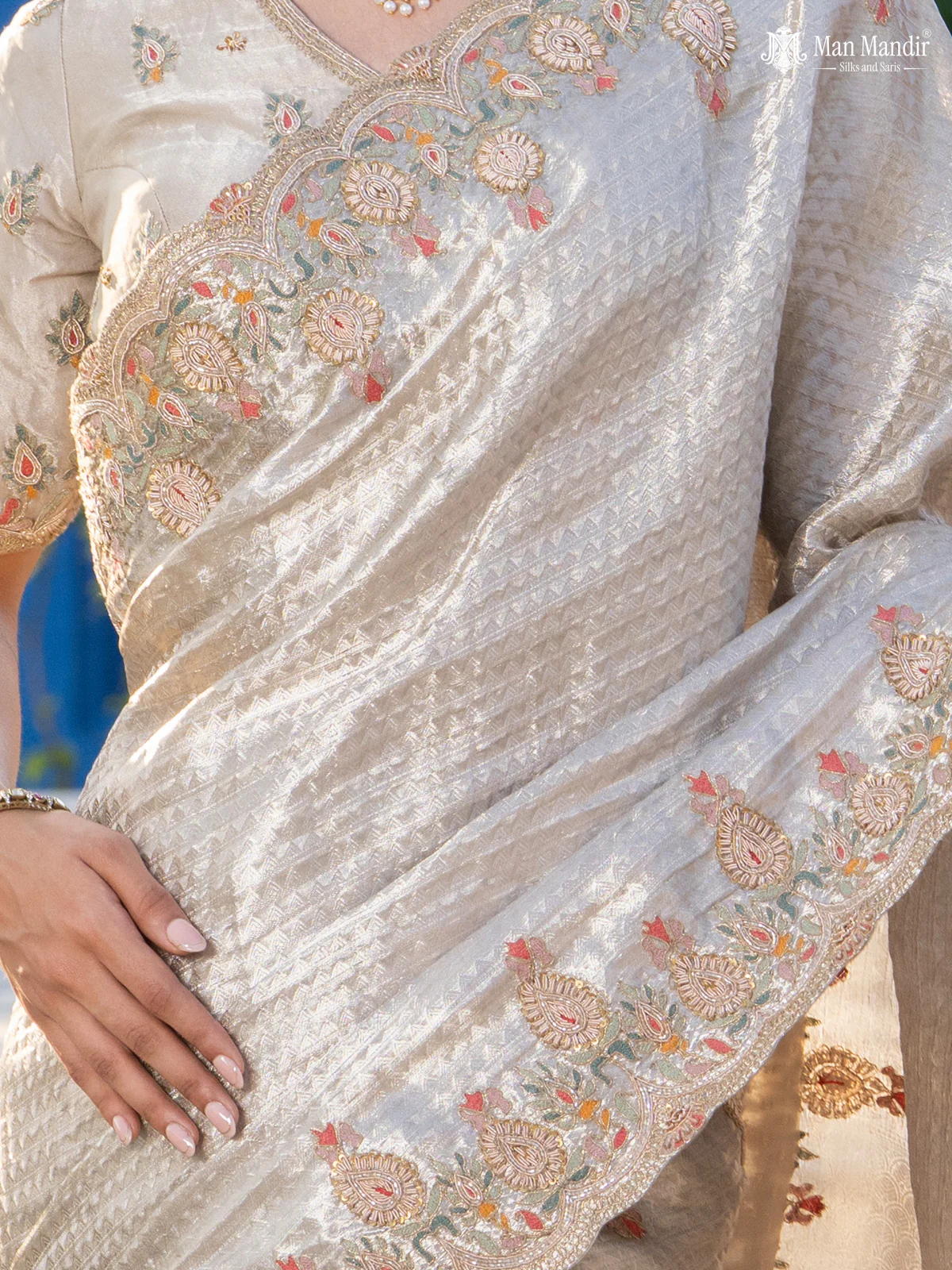 Silver Banarasi Tissue Saree With Embroidery Readymade Blouse - Image 5