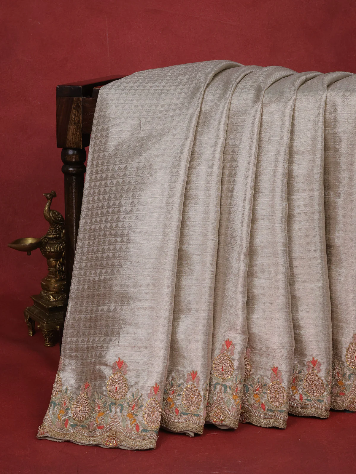 Silver Banarasi Tissue Saree With Embroidery Readymade Blouse - Image 6