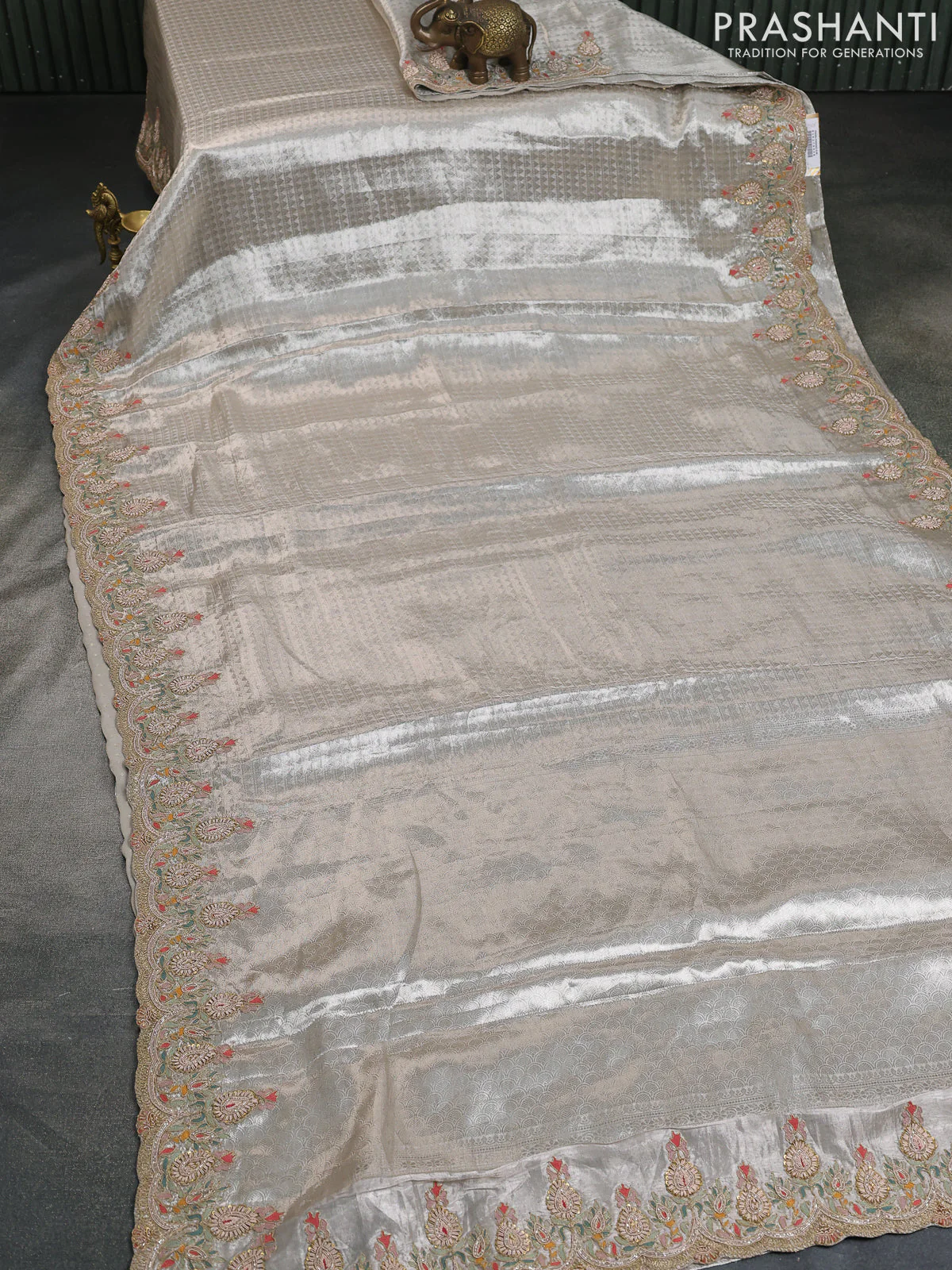 Silver Banarasi Tissue Saree With Embroidery Readymade Blouse - Image 8