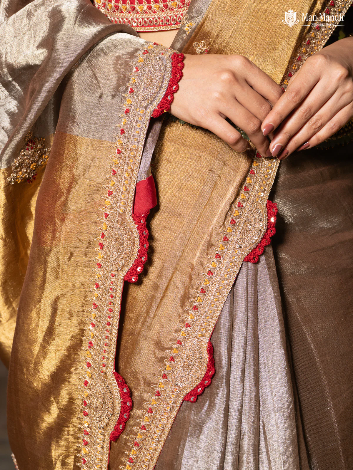 Silver -Gold Tissue Saree With Embroidery Readymade Blouse - Image 3