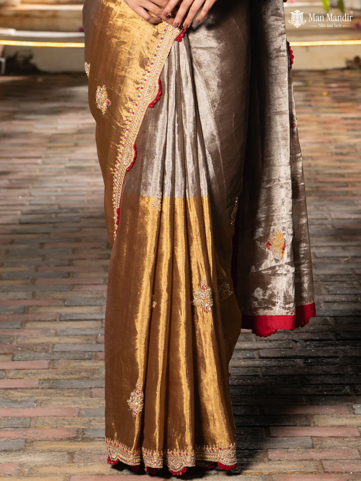 Silver -Gold Tissue Saree With Embroidery Readymade Blouse - Image 4
