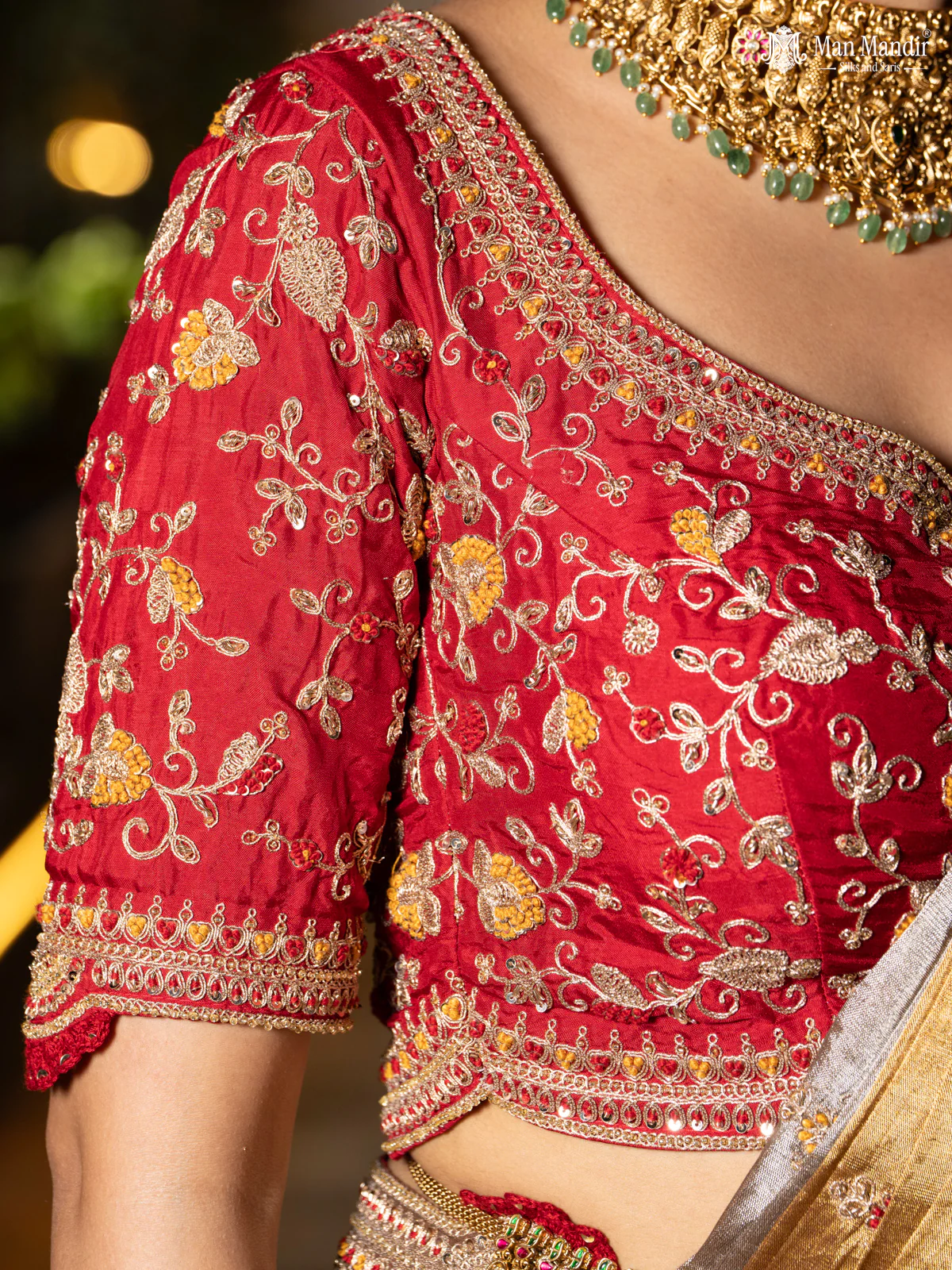 Silver -Gold Tissue Saree With Embroidery Readymade Blouse - Image 5