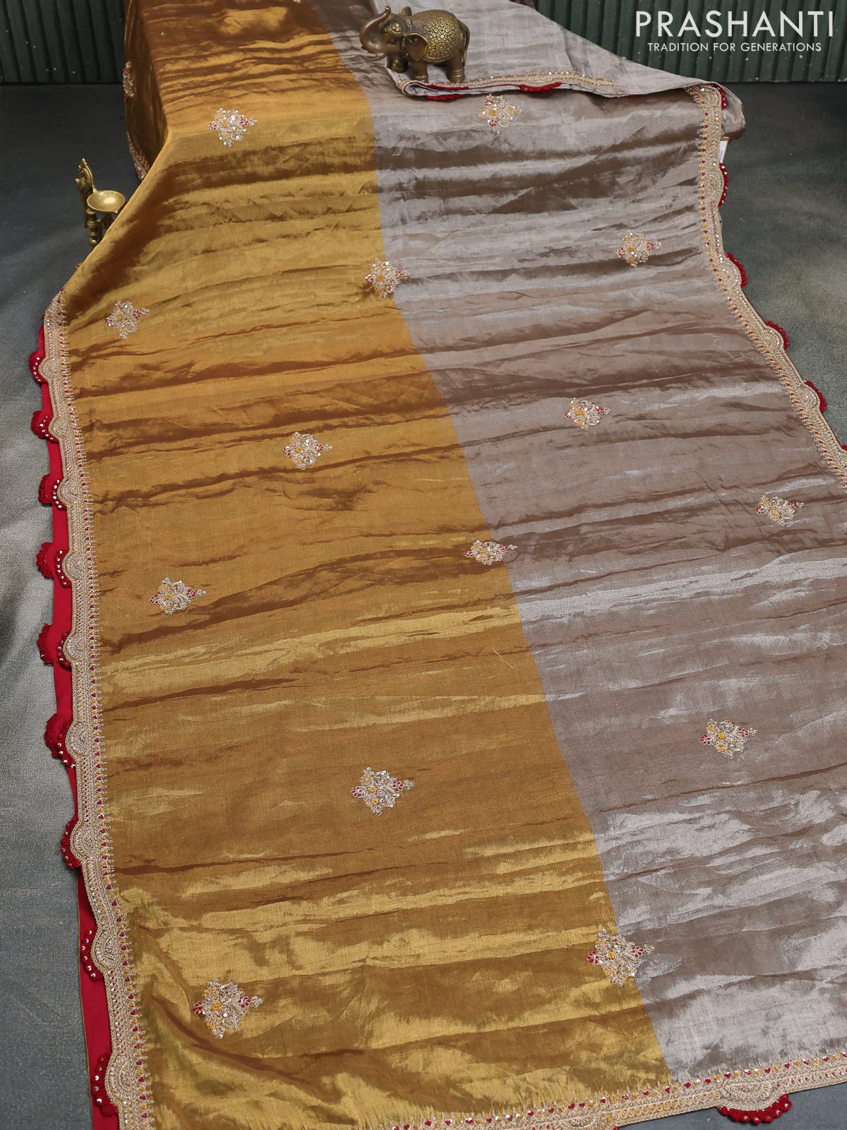 Silver -Gold Tissue Saree With Embroidery Readymade Blouse - Image 7