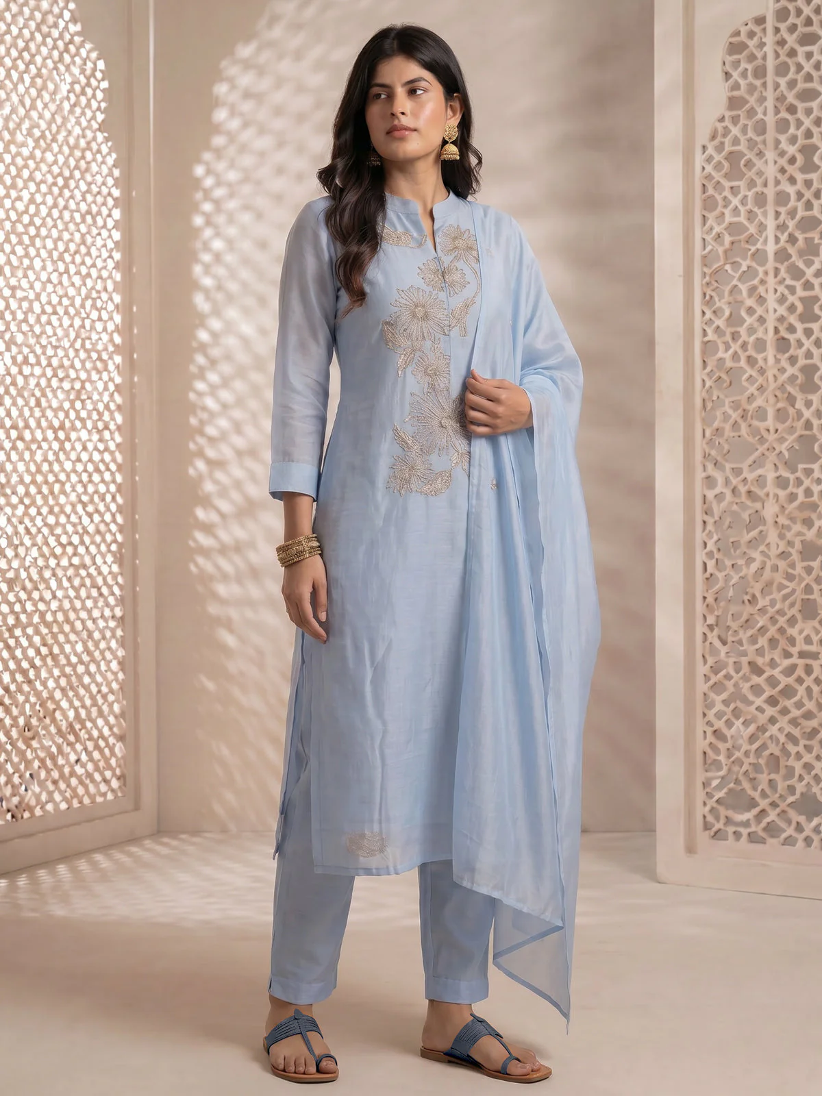 Sky Blue Mul Chanderi Anarkali Suit - Image 2