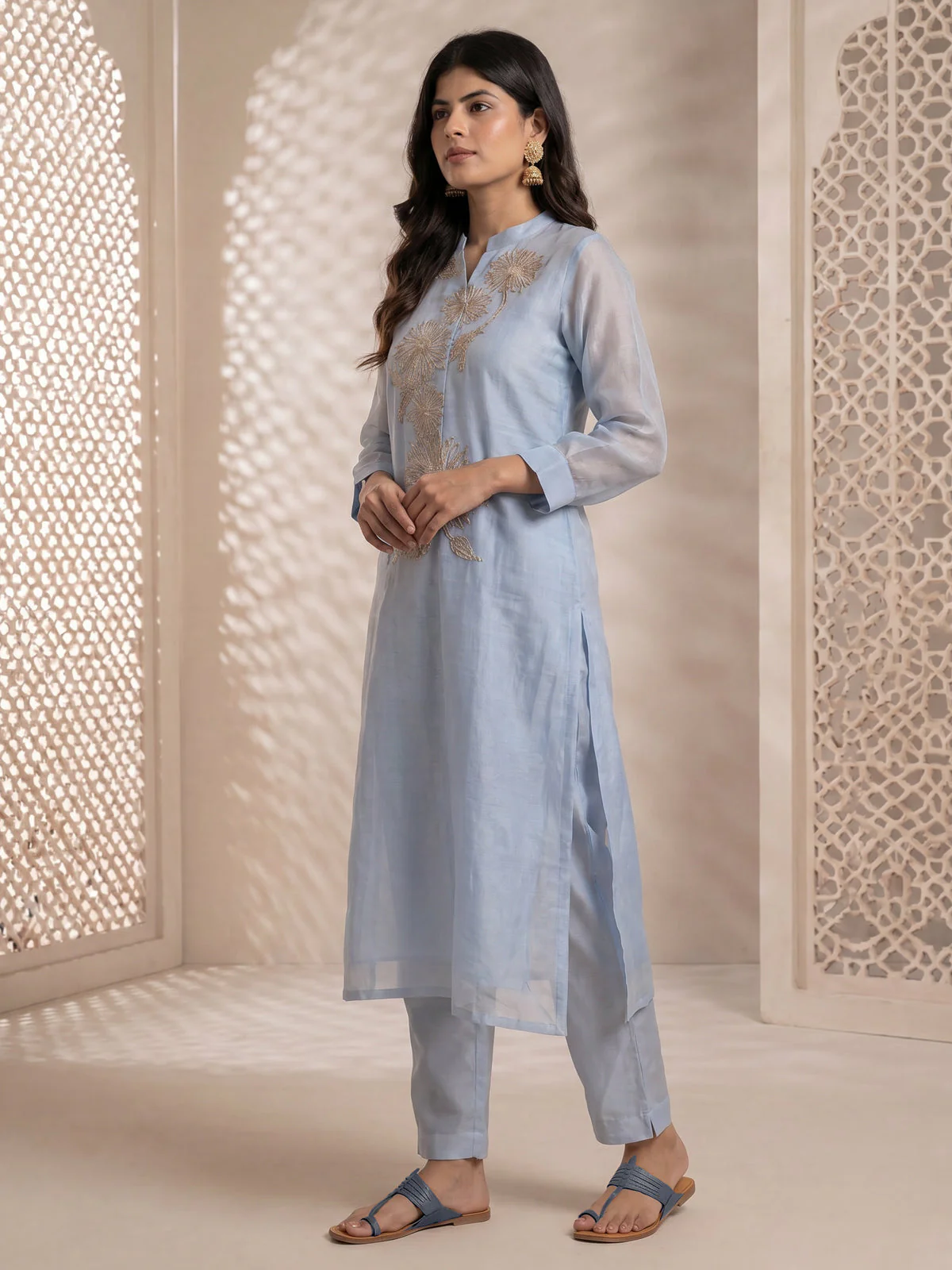 Sky Blue Mul Chanderi Anarkali Suit - Image 3