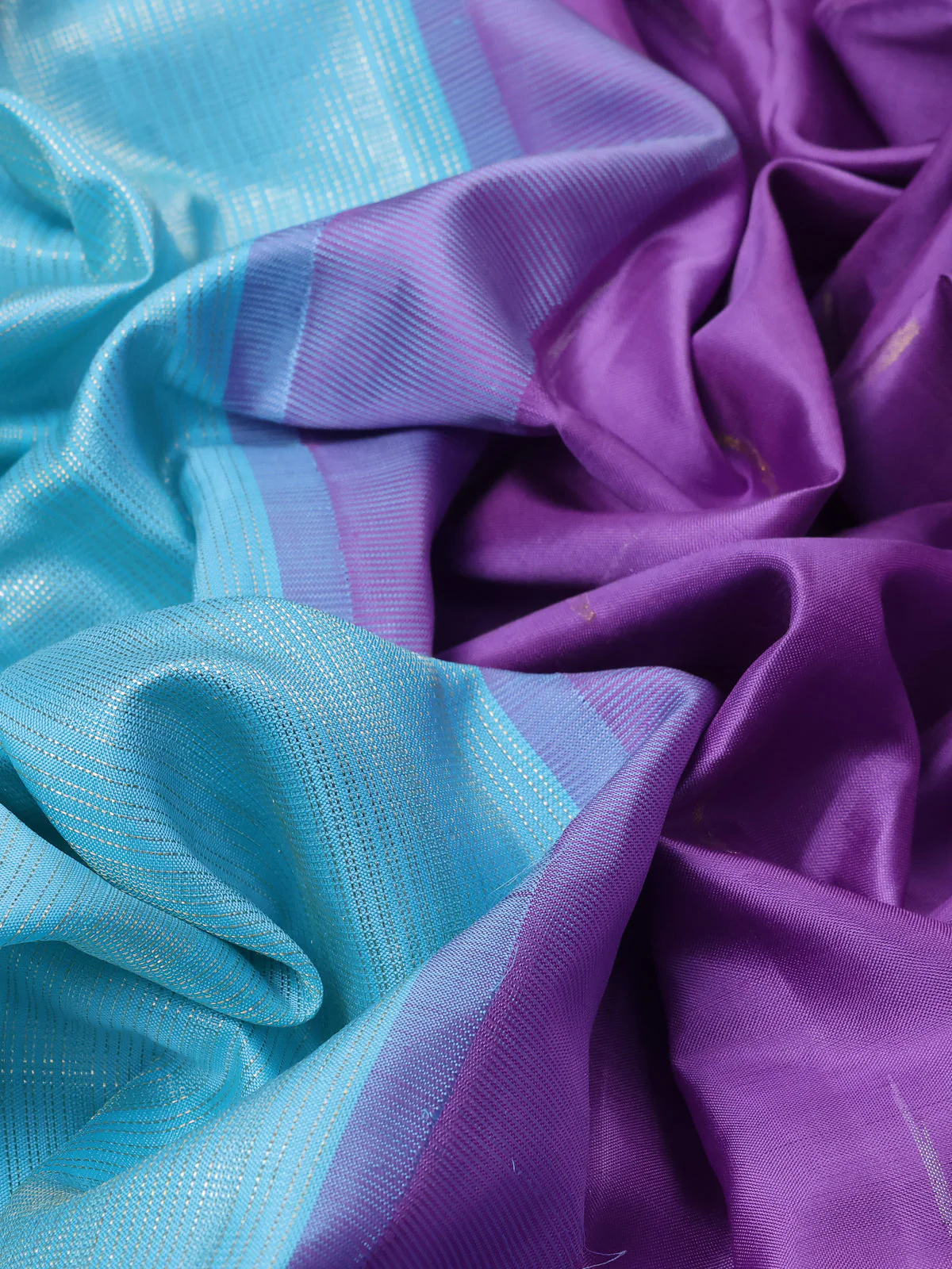 Sky Blue- Purple Pure Kanchipuram Silk Saree - Image 3