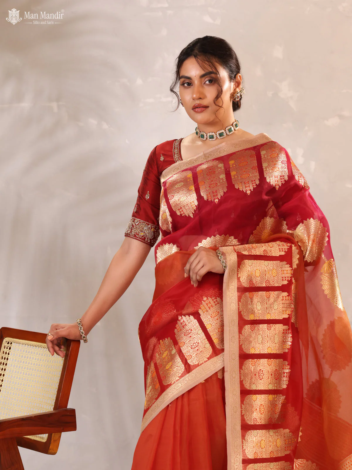 Sunset Orange - Red & Pink Banarasi Kora Silk Saree - Image 2