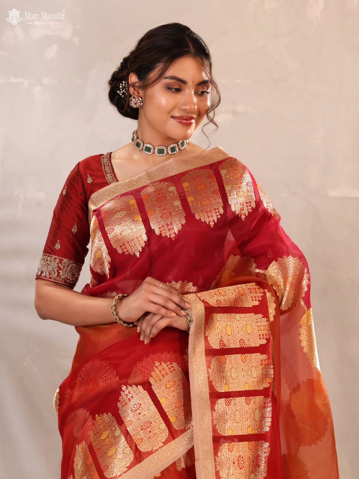 Sunset Orange - Red & Pink Banarasi Kora Silk Saree - Image 3