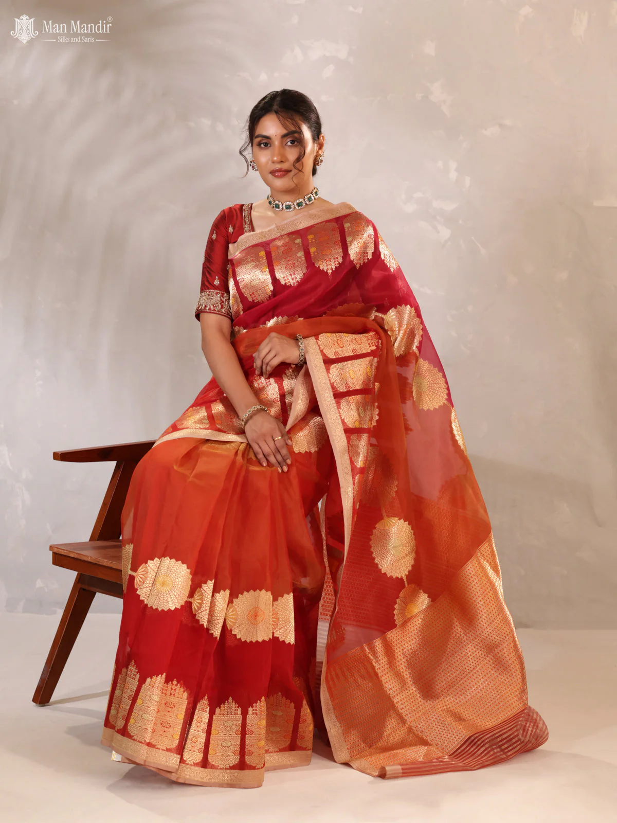 Sunset Orange - Red & Pink Banarasi Kora Silk Saree - Image 4