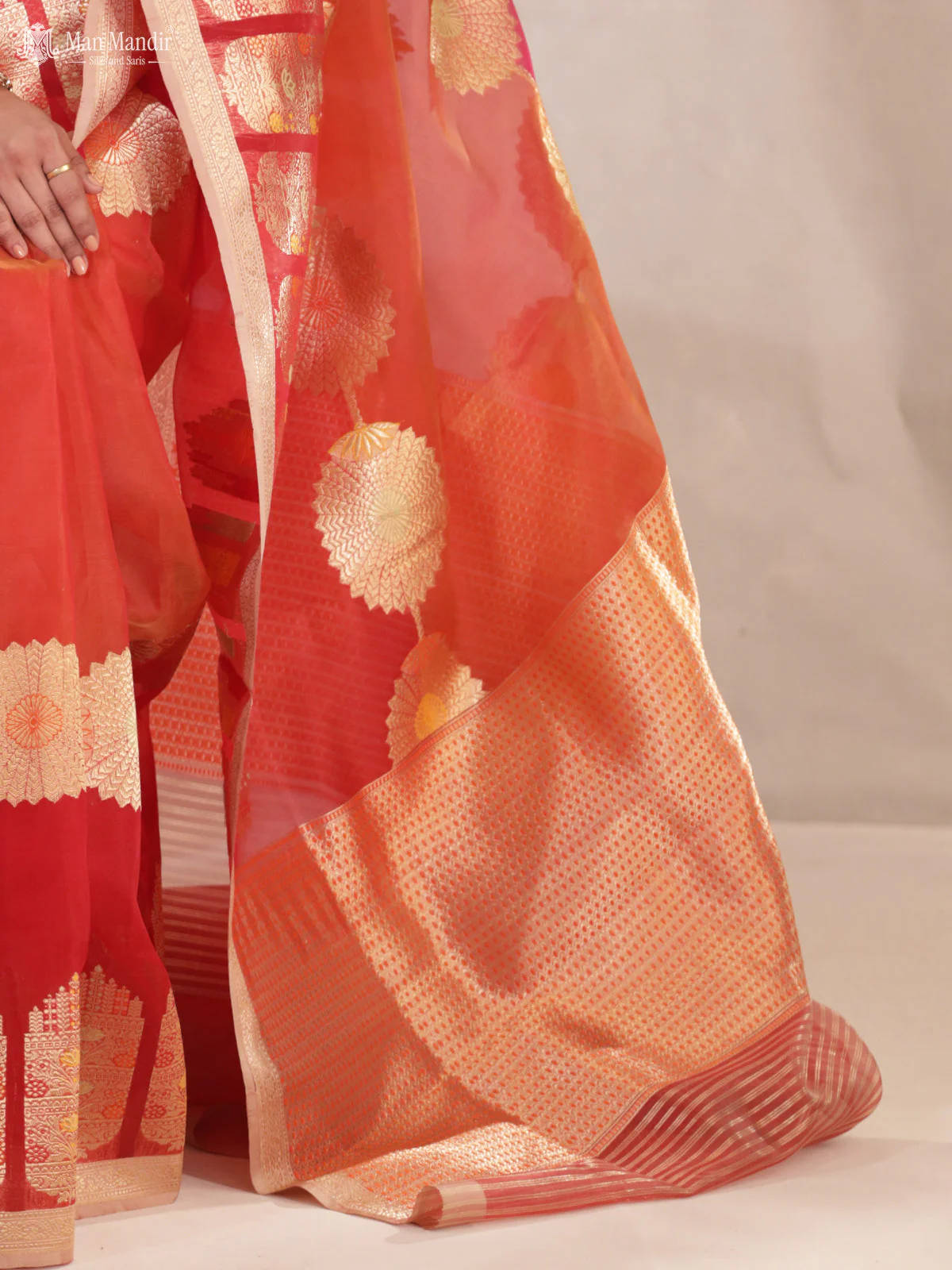 Sunset Orange - Red & Pink Banarasi Kora Silk Saree - Image 5