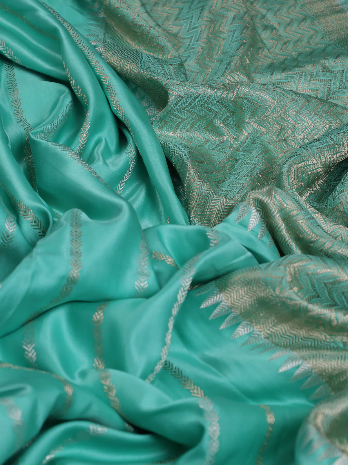 Teal Banarasi Mushru Silk Saree - Image 3