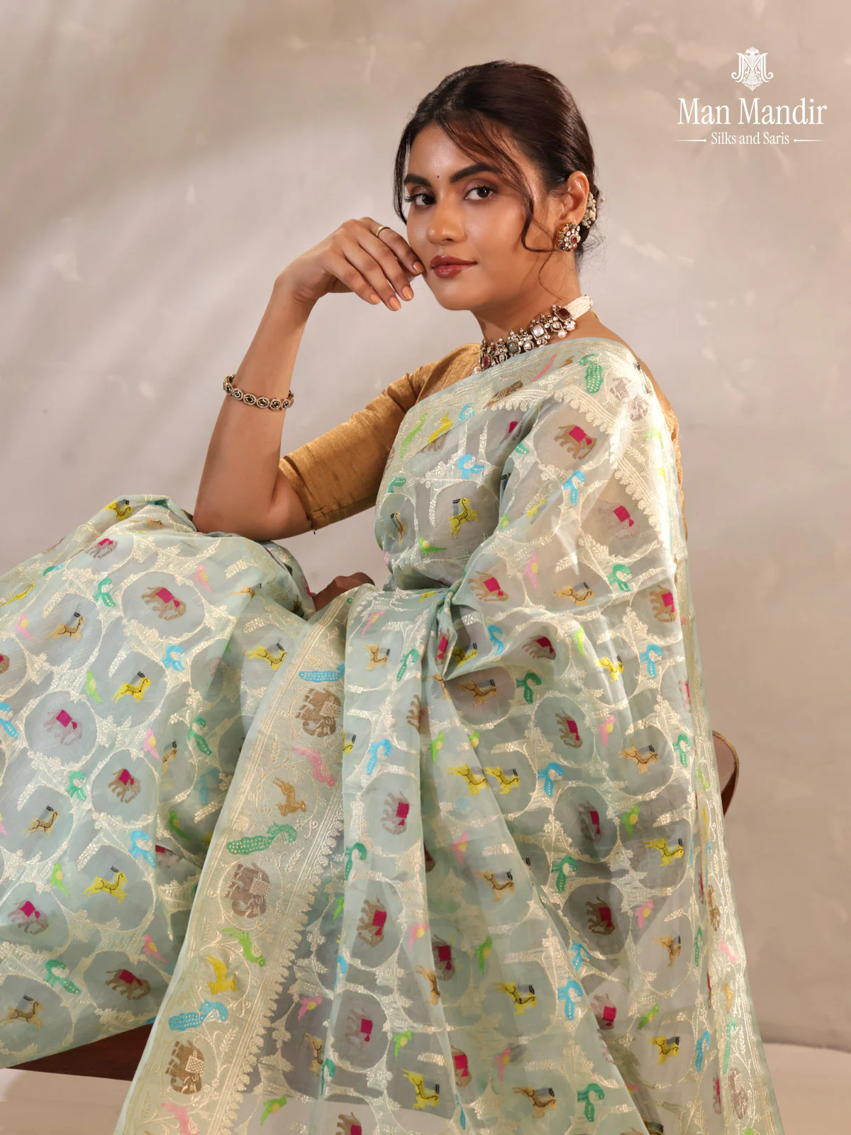 Teal Blue Banarasi Kora Saree - Image 2