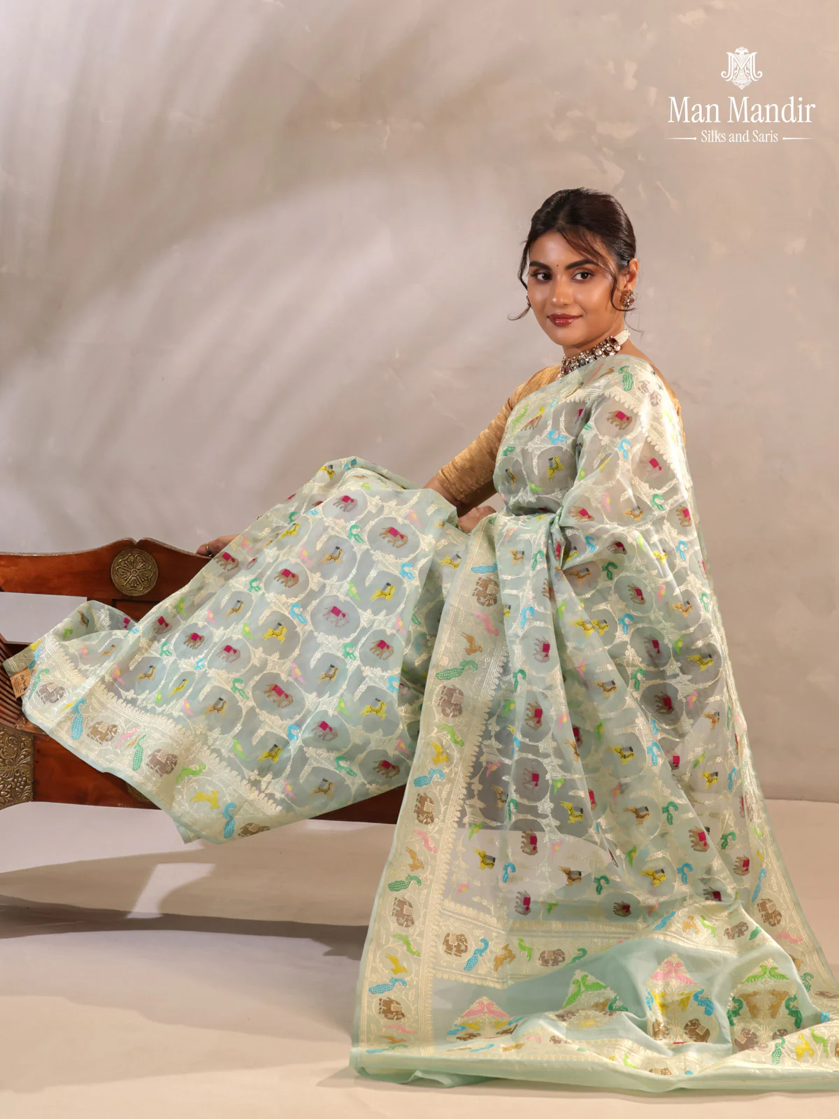 Teal Blue Banarasi Kora Saree - Image 3