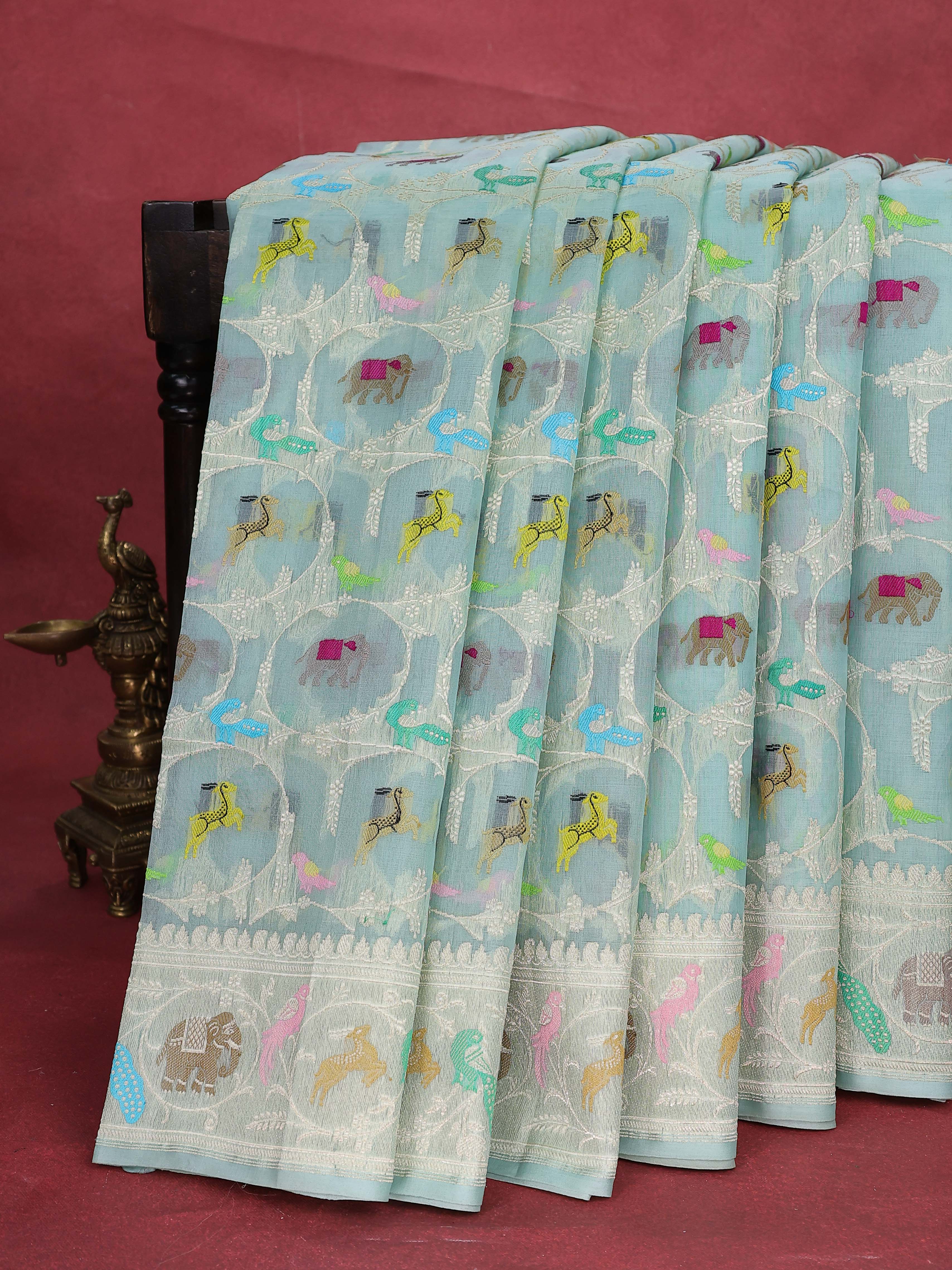 Teal Blue Banarasi Kora Saree - Image 7