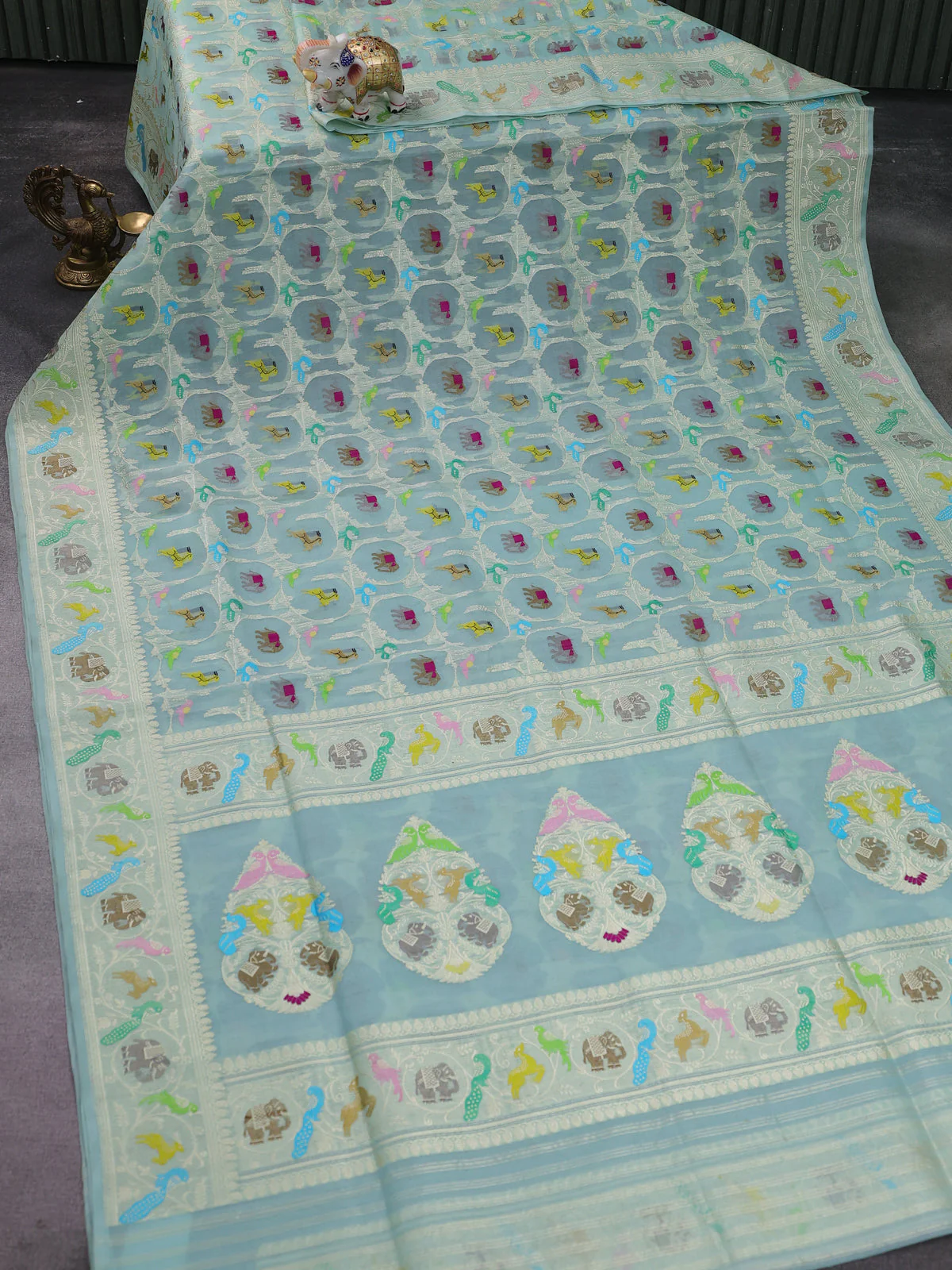 Teal Blue Banarasi Kora Saree - Image 8
