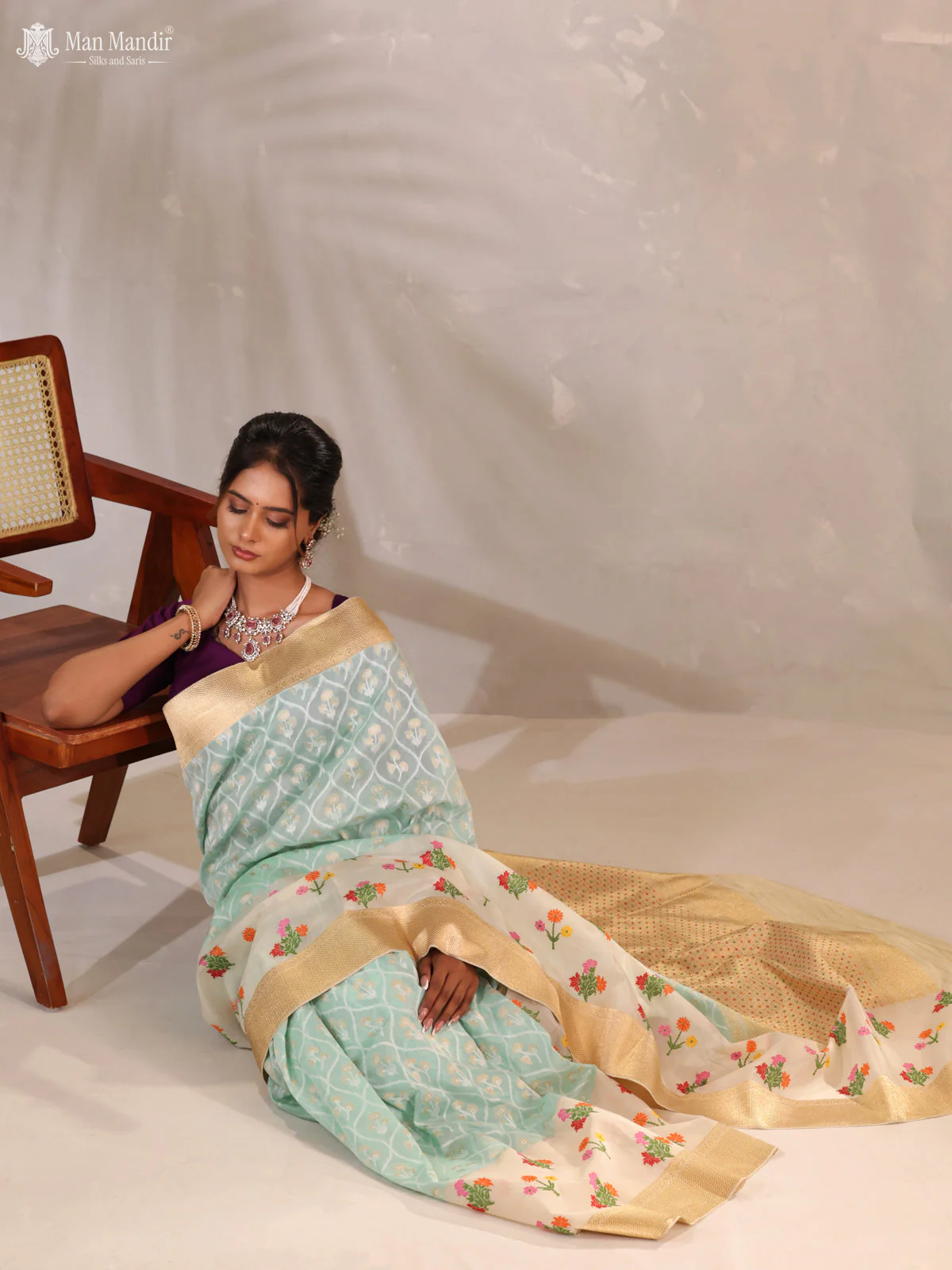 Teal Blue - Cream Banarasi Kadwa Silk Saree