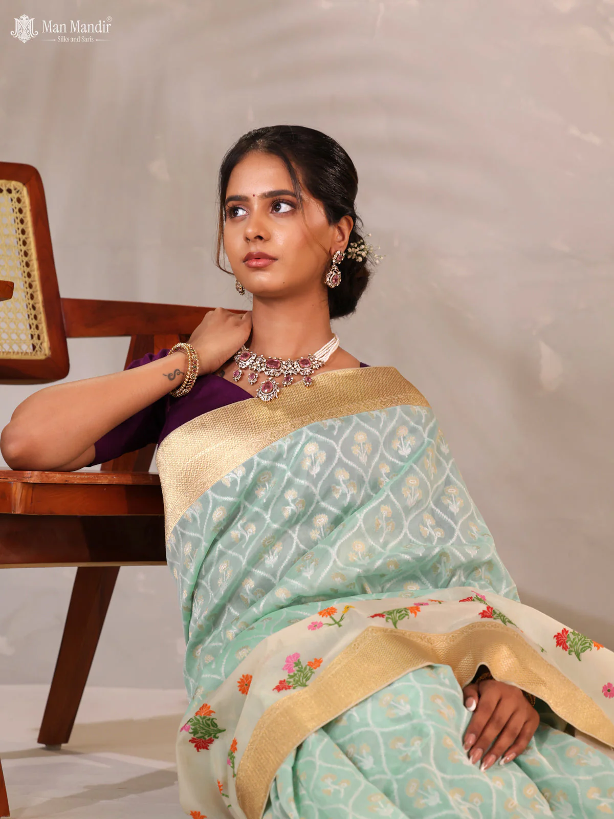 Teal Blue - Cream Banarasi Kadwa Silk Saree - Image 2